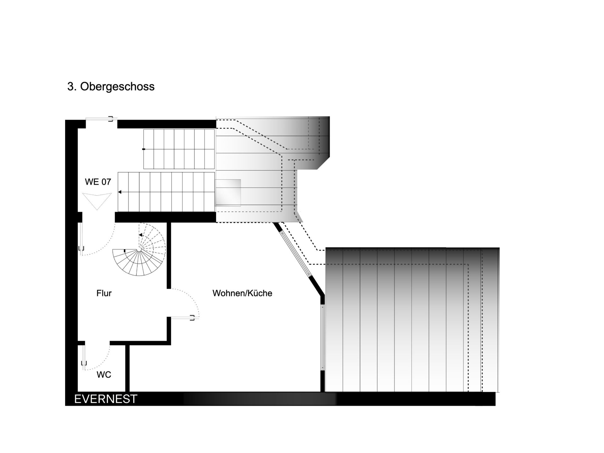 Grundriss des 3. Obergeschosses mit Flur, Wohnen/Küche und WC.