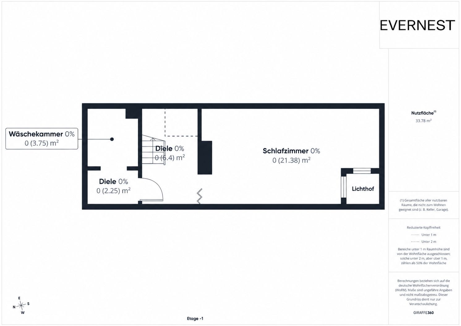 Grundriss mit Schlafzimmer, Diele, Waschkümmmer und Lichthof, Flächen in Quadratmetern angegeben.