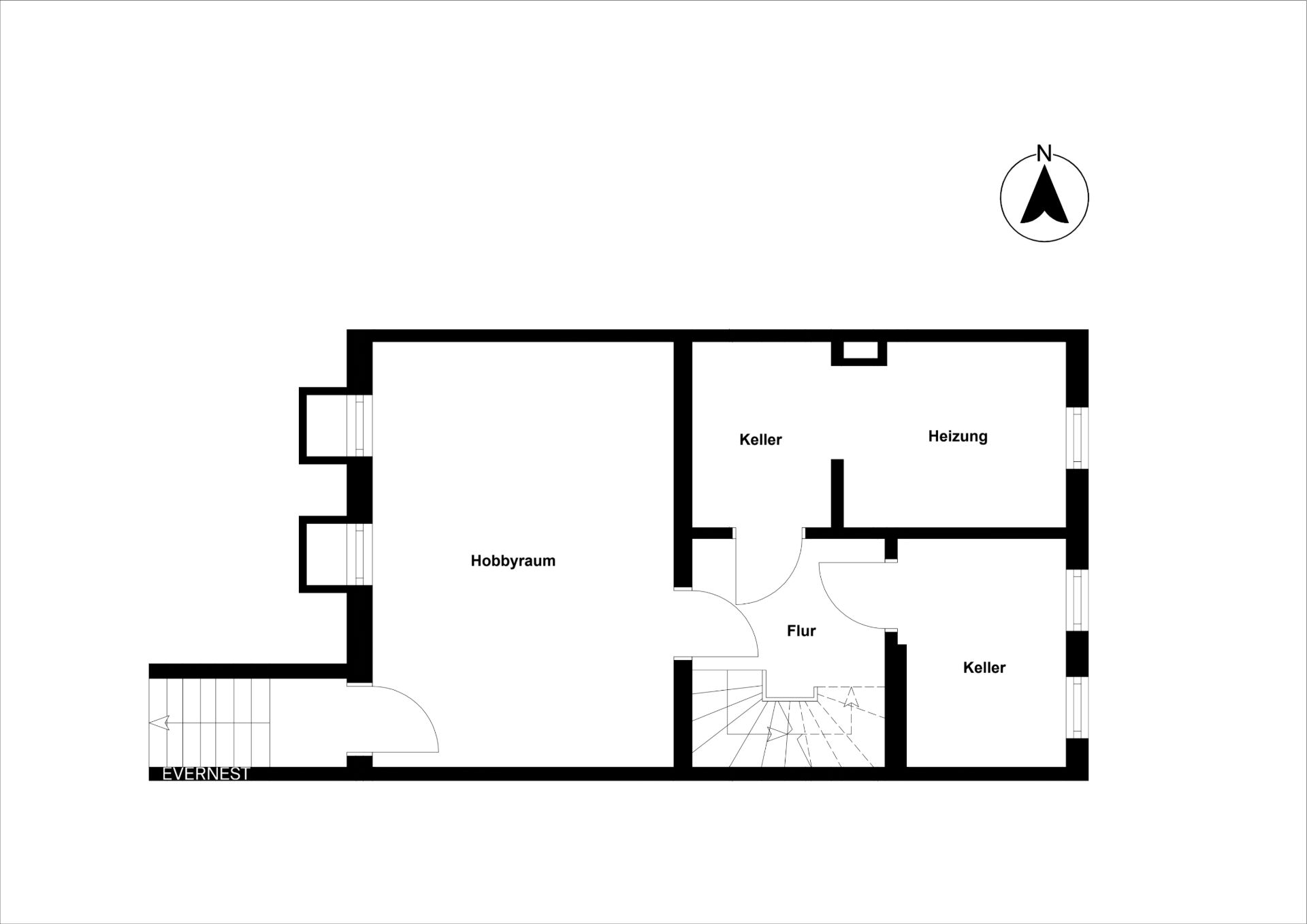 Grundriss eines Kellers mit Hobbyraum, zwei Kellerräumen, Heizung und Flur.