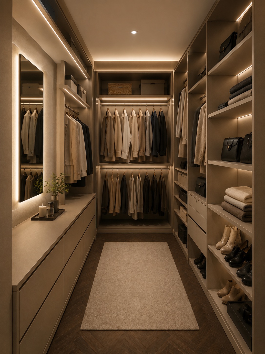 Moderner begehbarer Kleiderschrank mit Regalen, Schubladen und hängender Kleidung.
