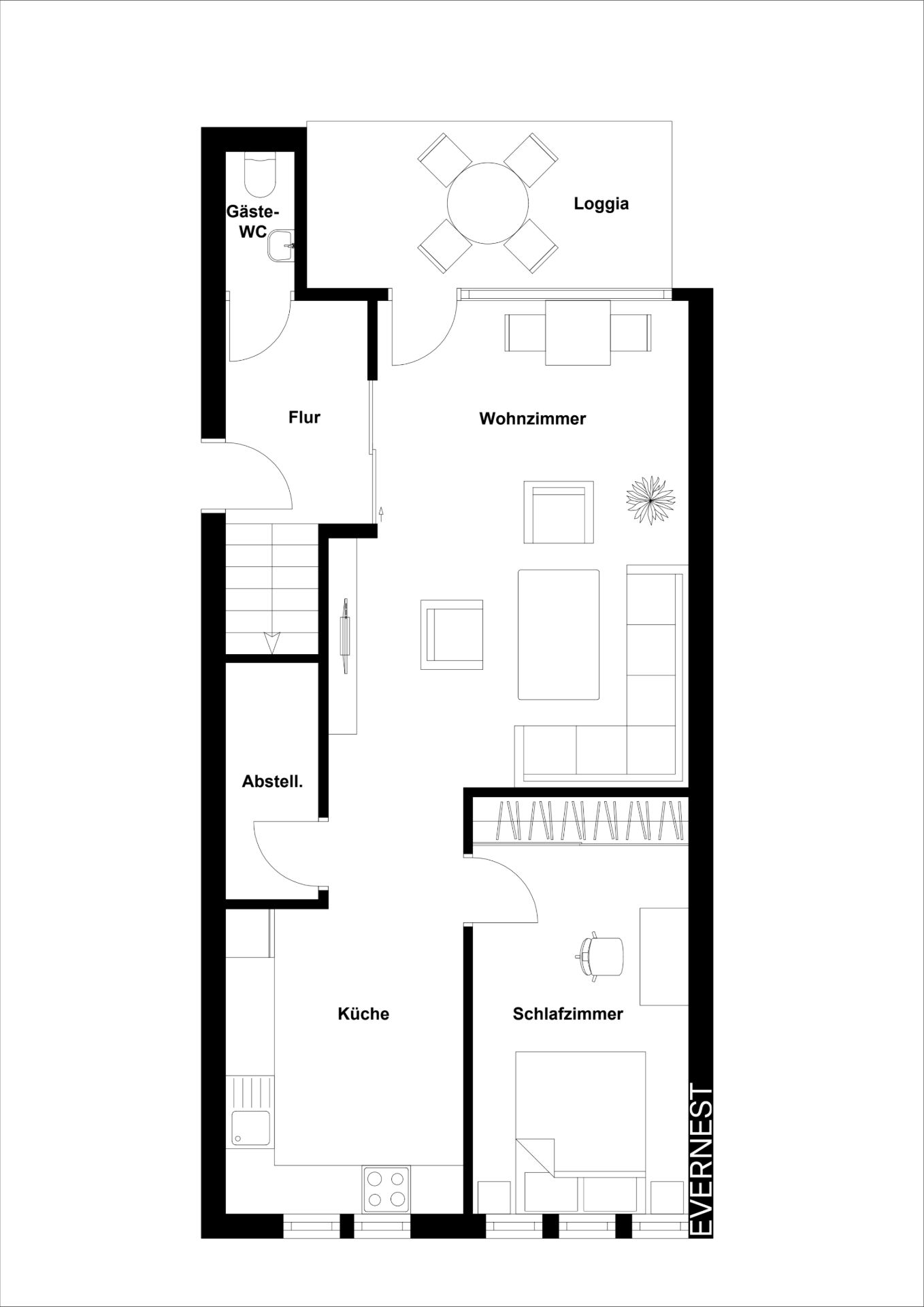 Grundriss einer Wohnung mit Wohnzimmer, Schlafzimmer, Küche, Abstellraum, Flur, Gäste-WC und Loggia.