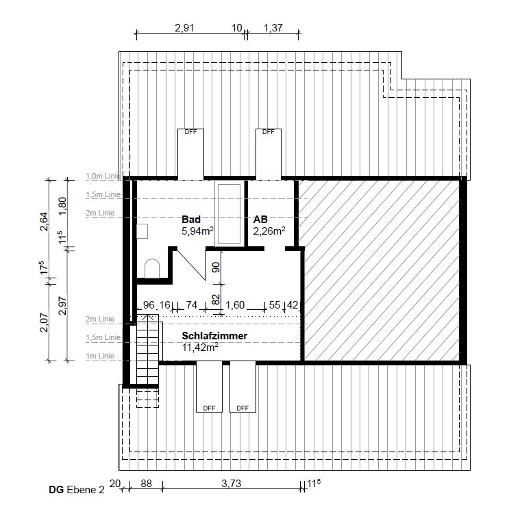 Grundriss einer Etage mit Schlafzimmer, Bad und Abstellraum, Maße und Treppe sind sichtbar.