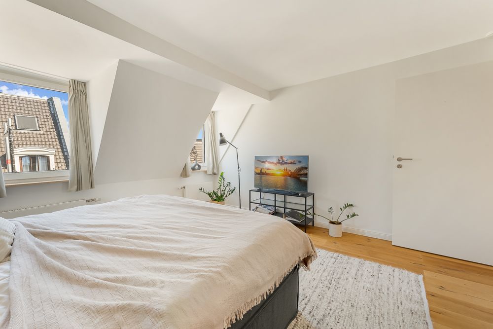 Helles Schlafzimmer mit großem Bett, Fernseher, Pflanzen und zwei Fenstern.