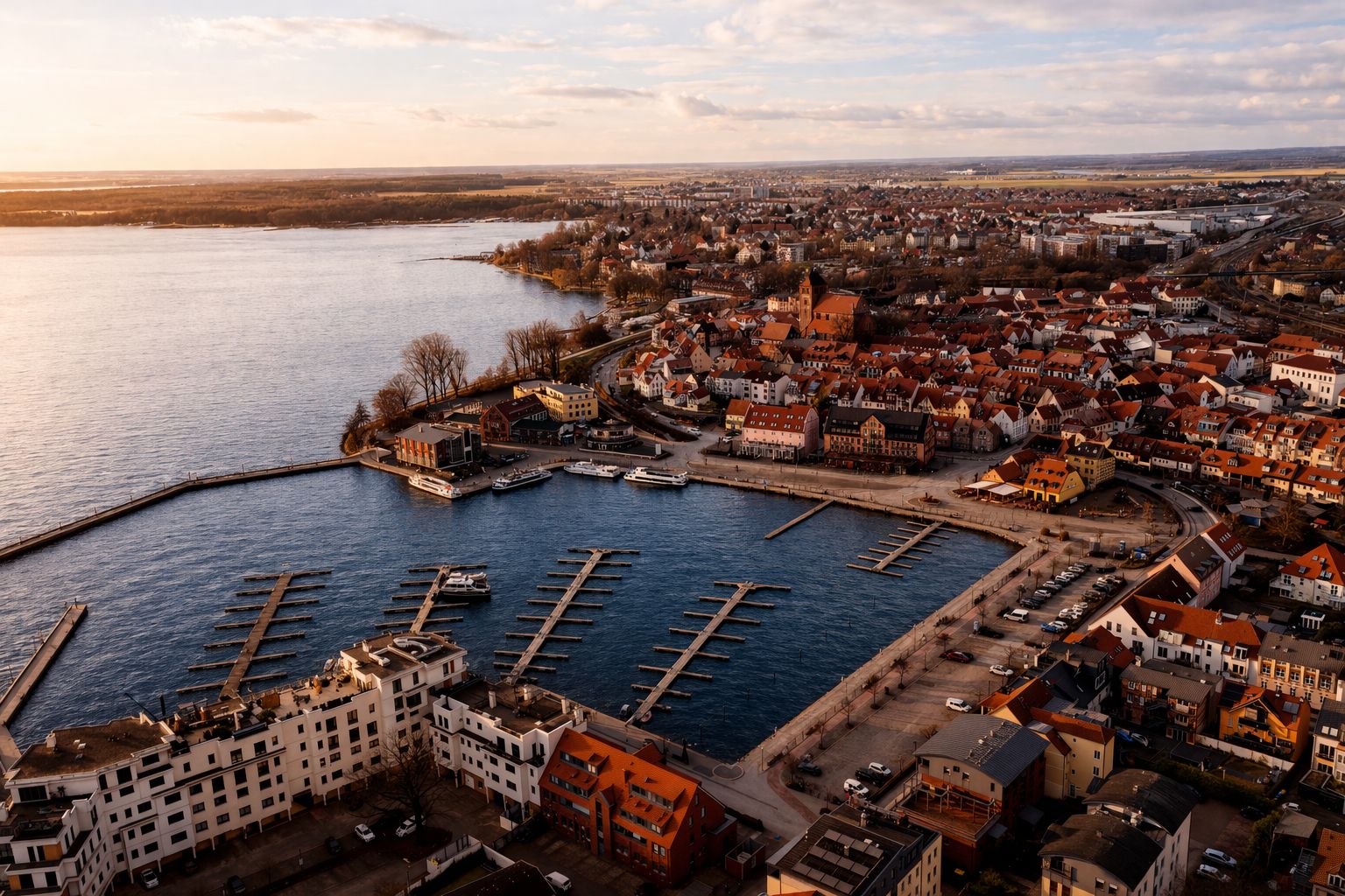 Luftaufnahme eines Hafens mit Wohnhäusern und Bootsanlegern an einem großen See.