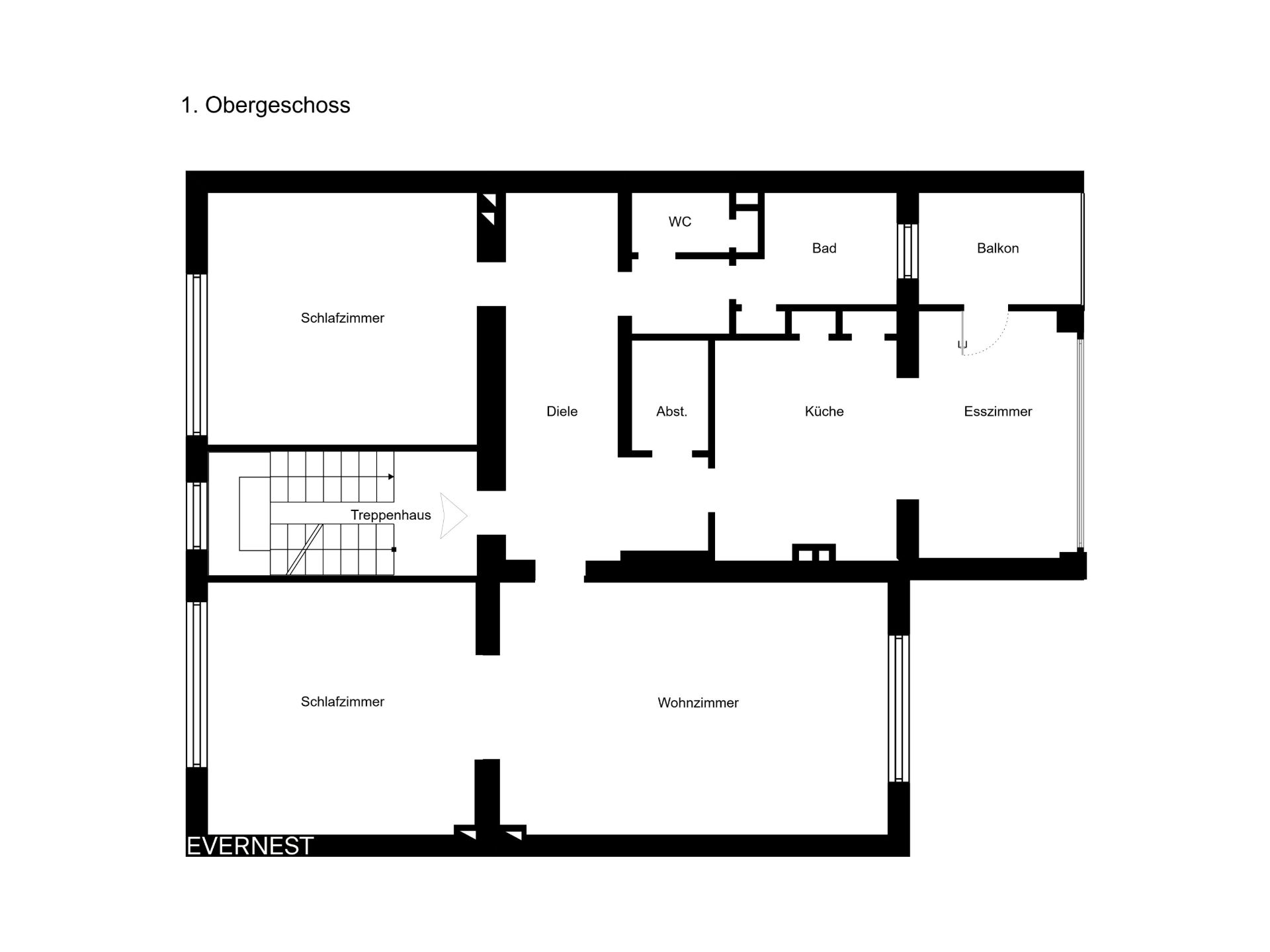 Grundriss einer Wohnung mit zwei Schlafzimmern, Wohnzimmer, Küche, Bad, WC, Balkon und Esszimmer.