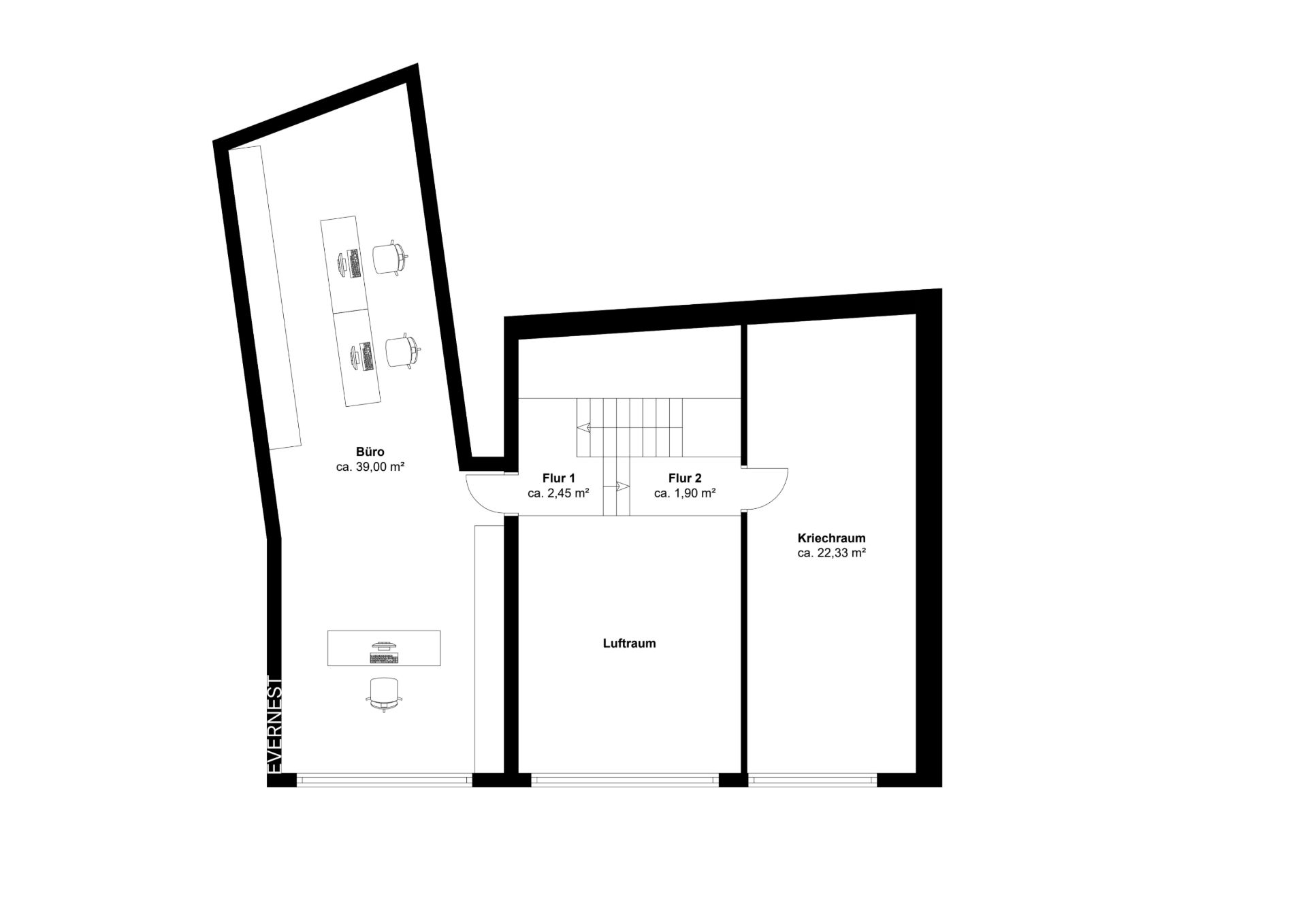 Grundriss mit Büro, Flur, Luftraum und Kriechraum, deutlich beschriftete Räume.