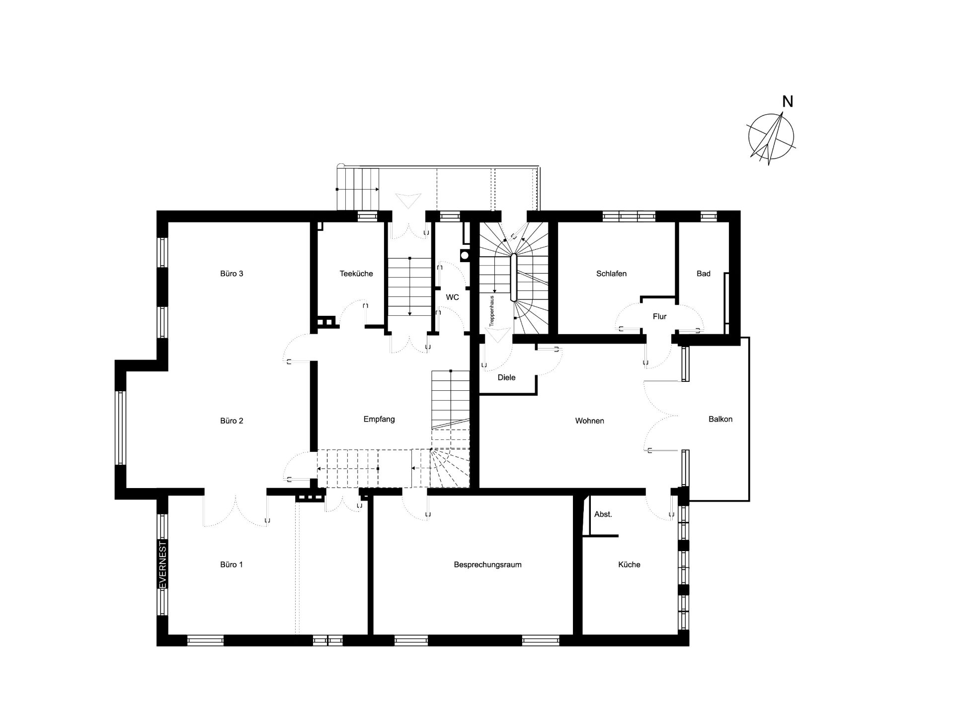 Grundriss einer Wohnung mit Büros, Küche, Bad, Schlafzimmer, Wohnzimmer und Balkon.