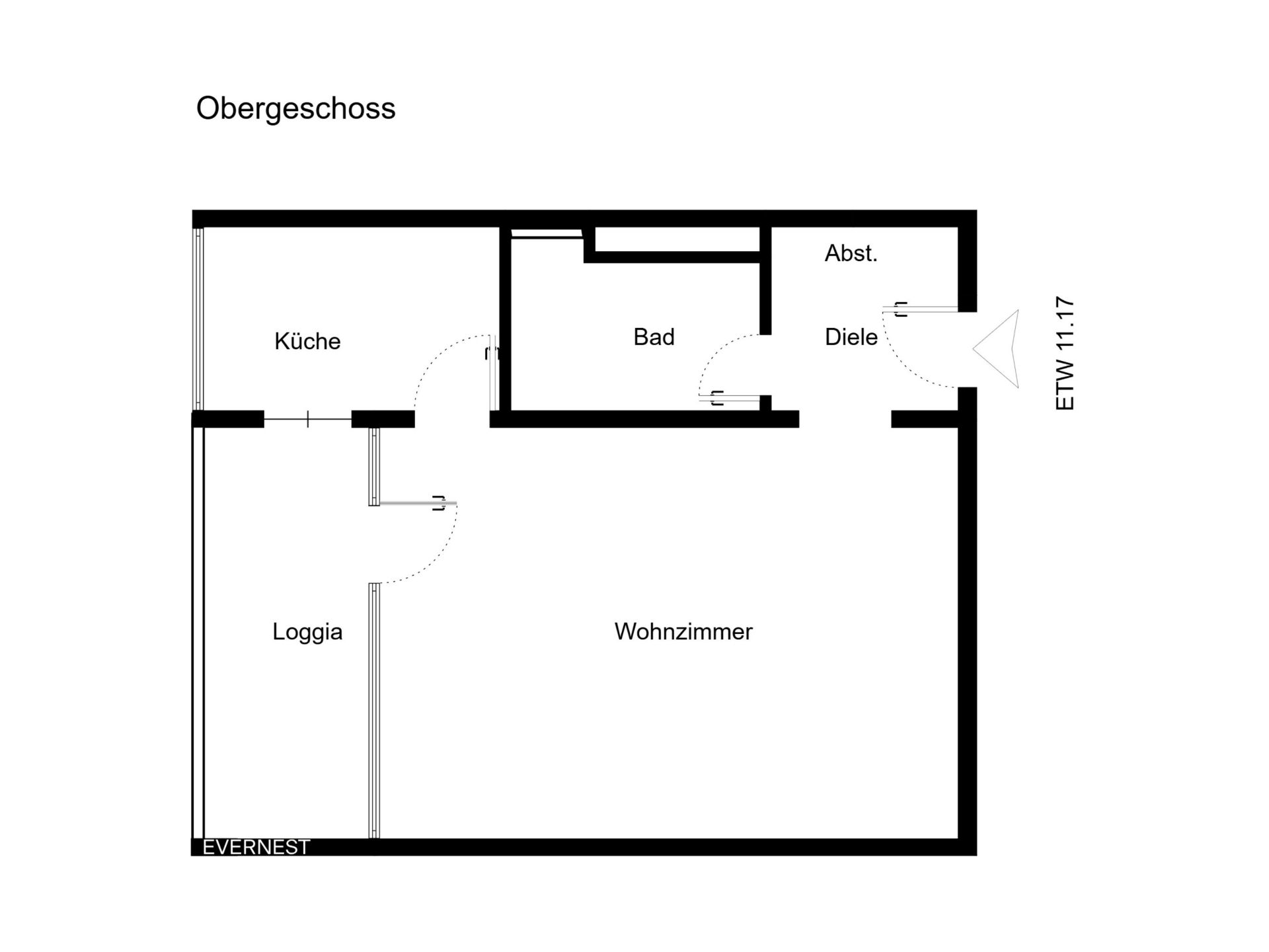 Grundriss einer Wohnung mit Wohnzimmer, Küche, Loggia, Bad, Diele und Abstellraum.
