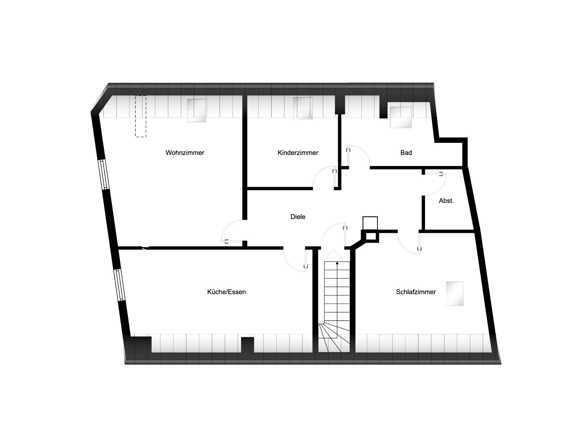 Grundriss einer Wohnung mit Wohnzimmer, Küche, Schlafzimmer, Kinderzimmer, Bad und Abstellraum.