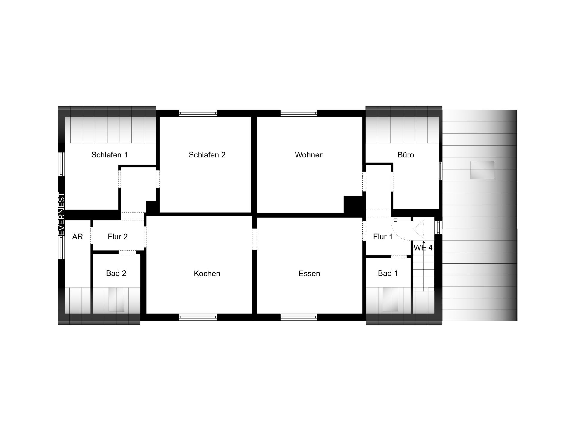 Grundriss mit Schlafzimmern, Wohnzimmer, Büro, Küche, Esszimmer und Bädern.