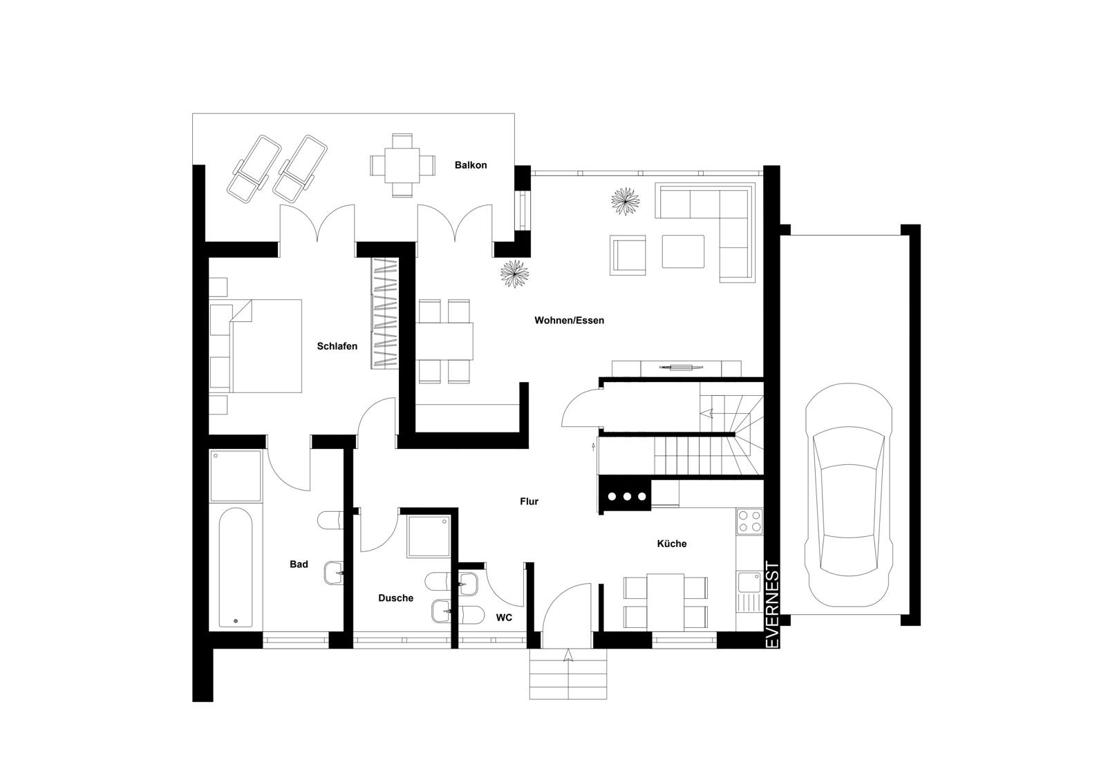 Grundriss einer Wohnung mit Schlafzimmer, Bad, Küche, Wohnbereich, Balkon und Garage.