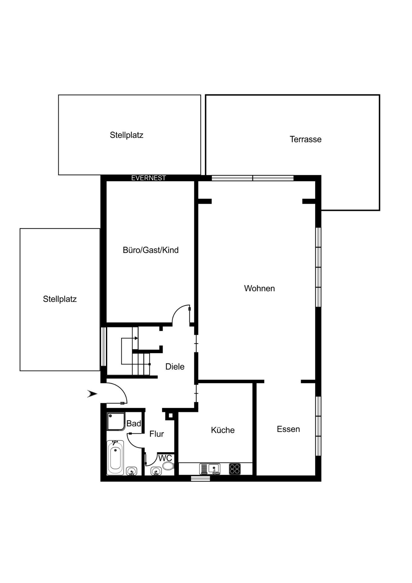 Grundriss mit Wohn-, Esszimmer, Küche, Bad, Büro, Flur, Diele, Terrasse und Stellplätzen.
