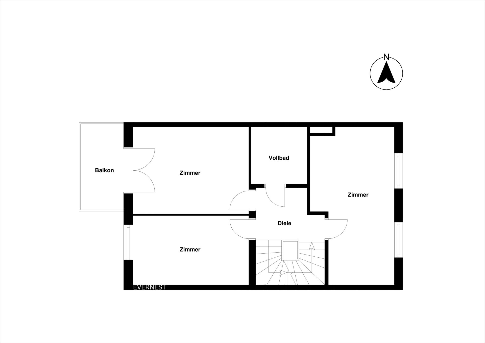 Grundriss mit drei Zimmern, Balkon, Vollbad und Diele, Zugang über Treppenhaus.