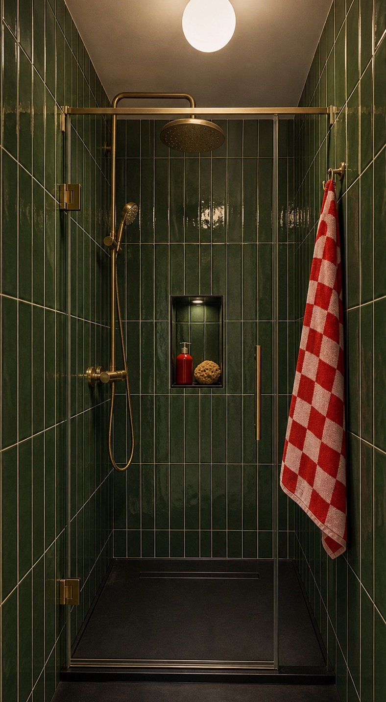Dusche mit grünen Fliesen, goldener Armatur und rot-weiß kariertem Handtuch an der Wand.