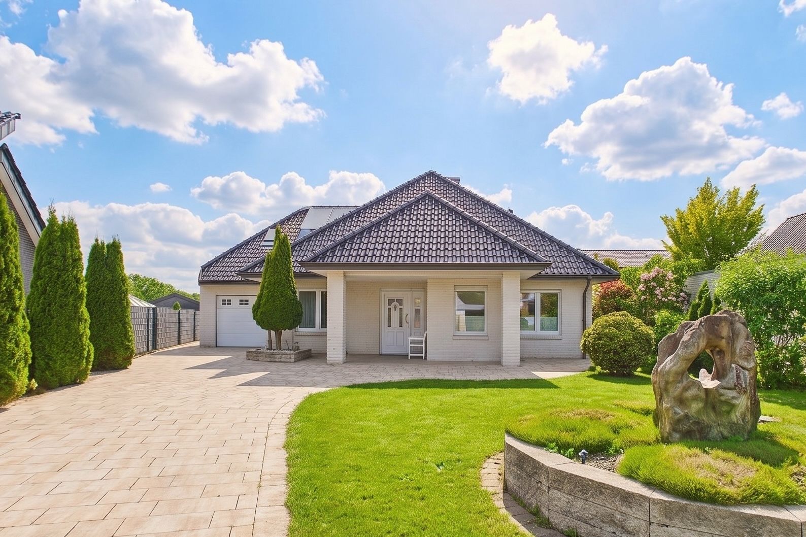 Modernes Einfamilienhaus mit dunklem Dach, gepflegtem Garten und Einfahrt, sonniger Himmel.
