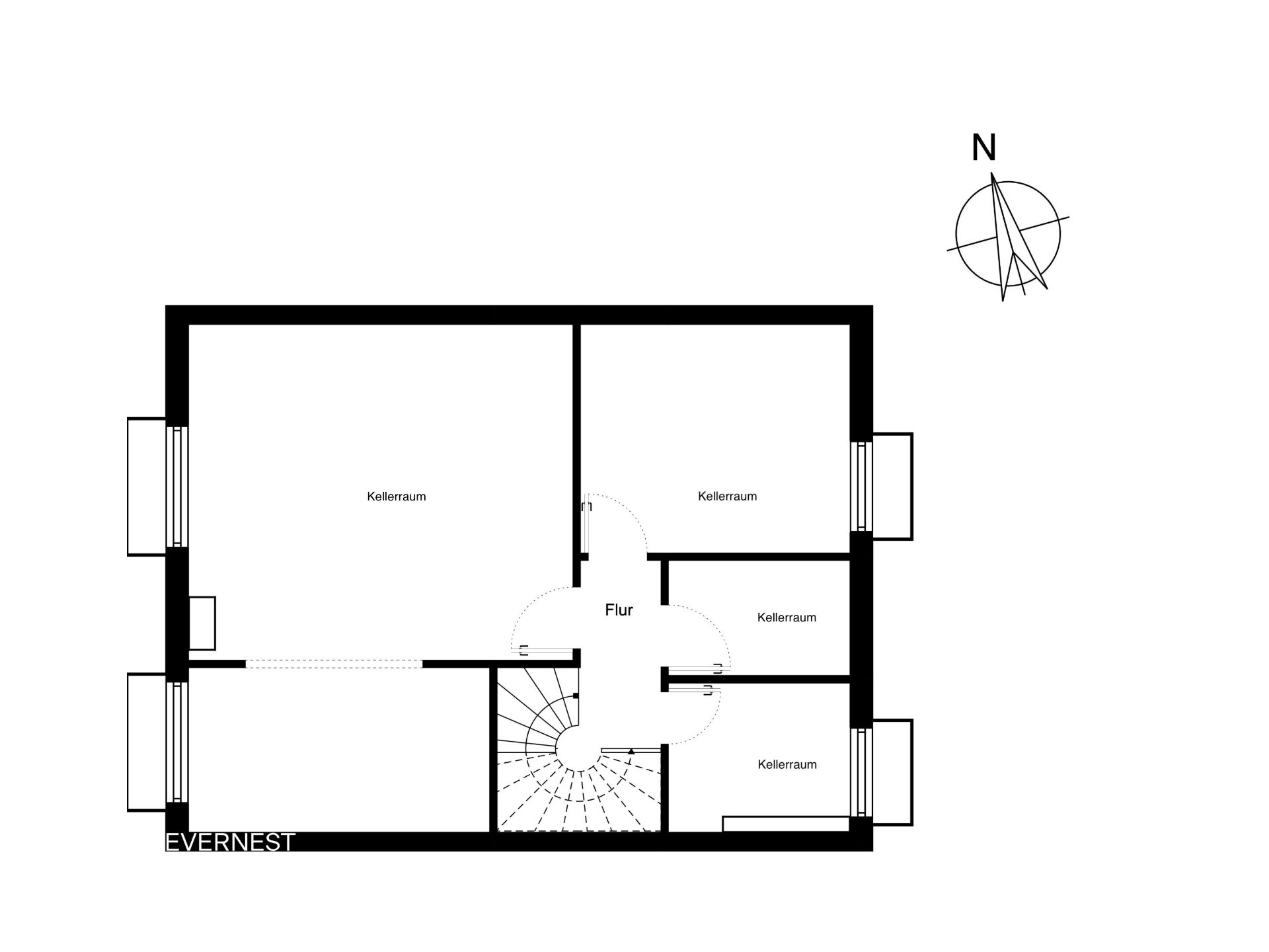 Grundriss eines Kellers mit mehreren Kellerräumen und einem Flur, Treppe unten mittig.