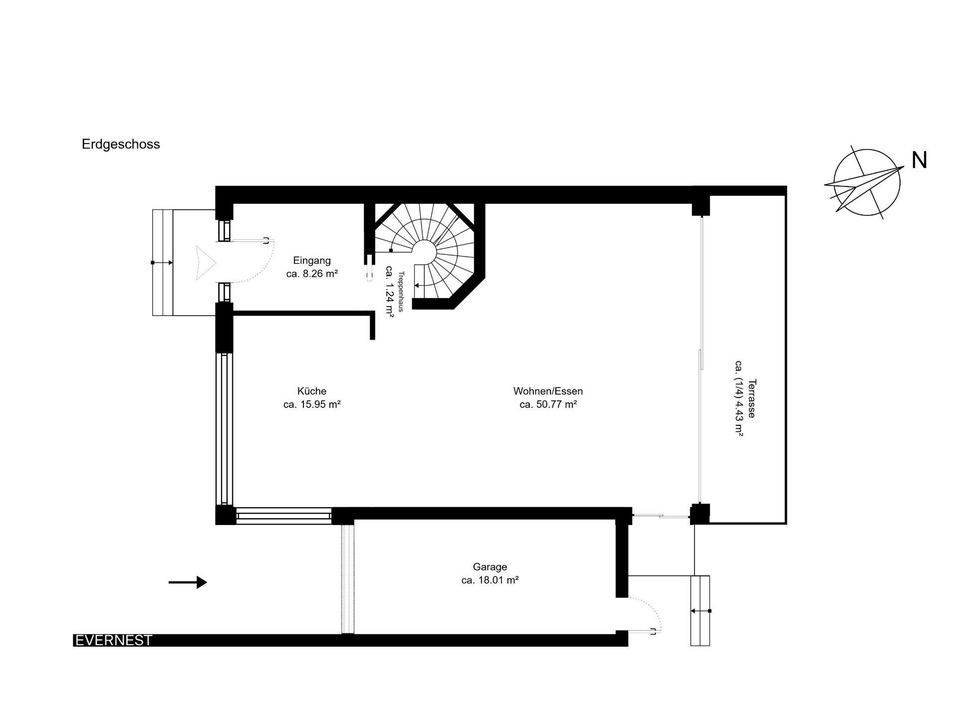 Grundriss des Erdgeschosses mit Küche, Wohn-/Essbereich, Garage, Eingang und Terrasse.