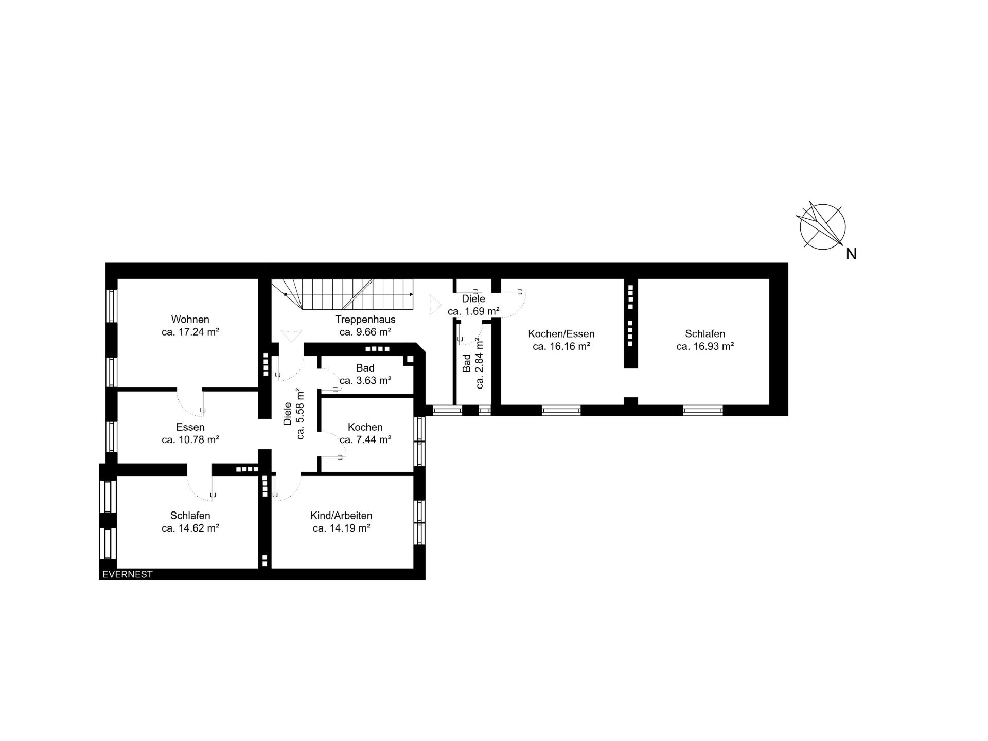 Grundriss einer Wohnung mit mehreren Zimmern, inklusive Wohn-, Schlaf- und Badezimmer.
