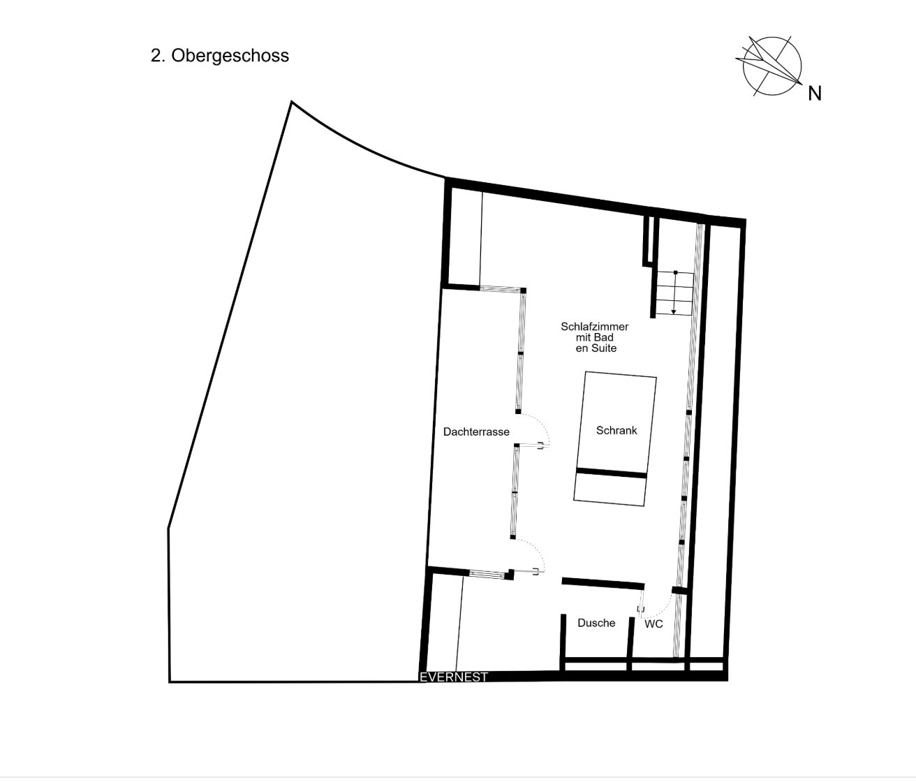 Grundriss des 2. Obergeschosses mit Schlafzimmer, Bad, WC, Dusche und Dachterrasse.