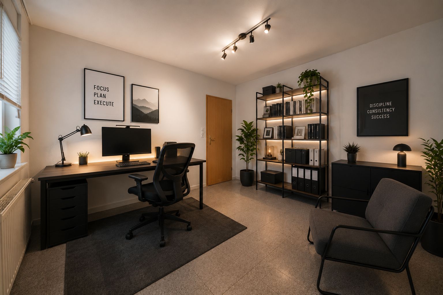 Modernes Homeoffice mit Schreibtisch, Stuhl, Regal, Pflanzen und Wandbildern.