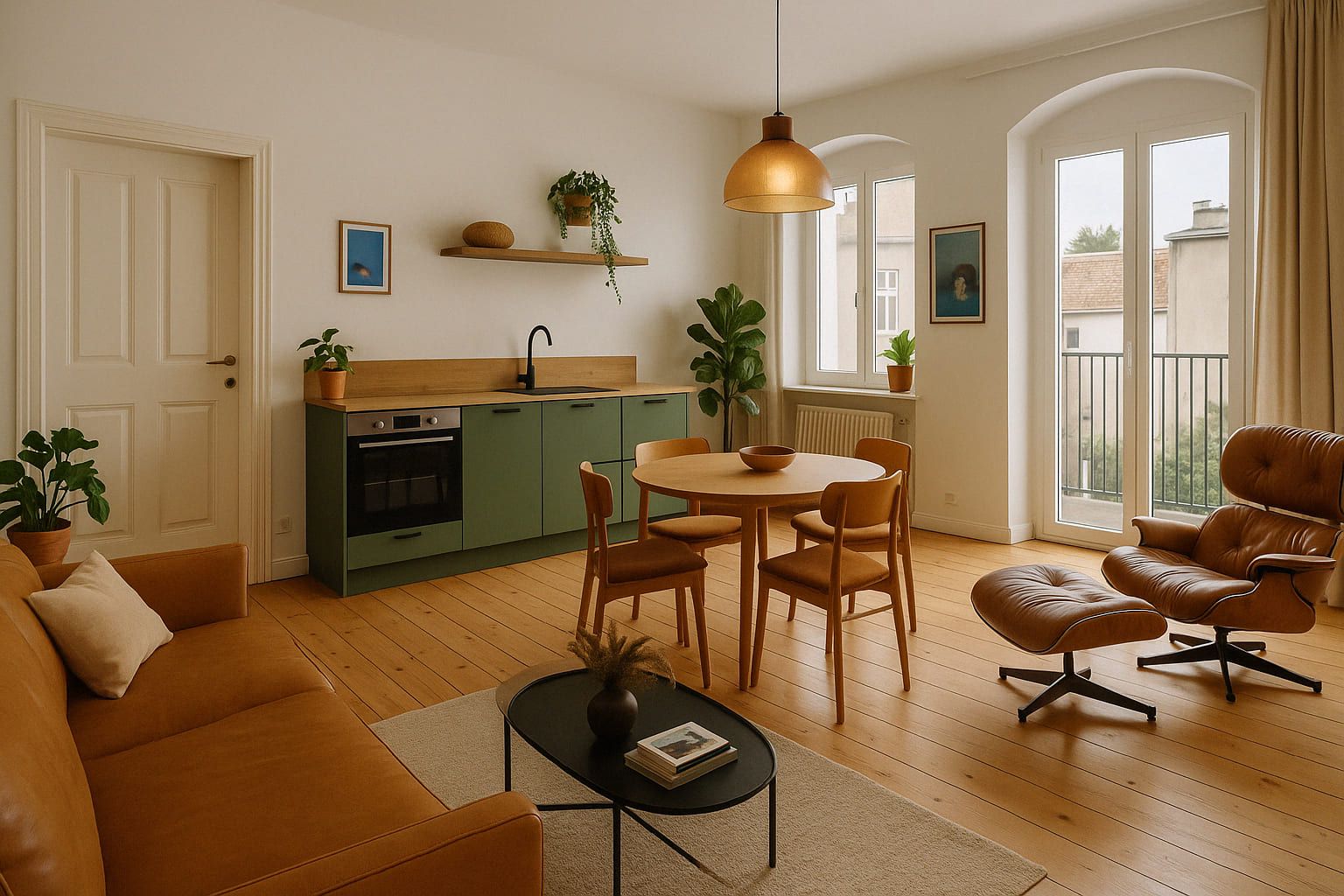 Helles Wohnzimmer mit offener Küche, Esstisch, Ledersofa und Sessel, viele Pflanzen.
