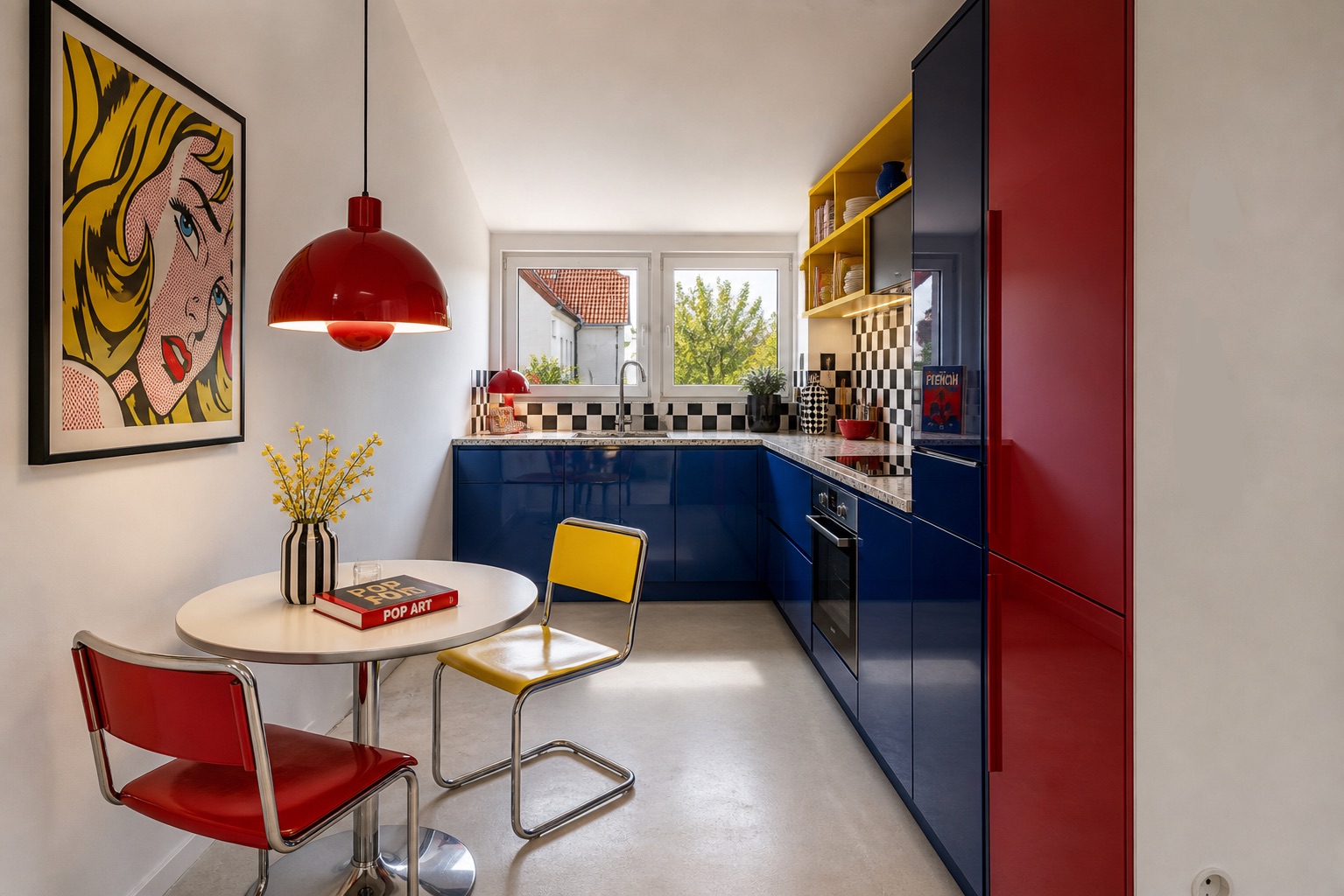 Bunte Küche mit blau-roten Schränken, kleinem Esstisch, Pop-Art-Bild und Fenster im Hintergrund.