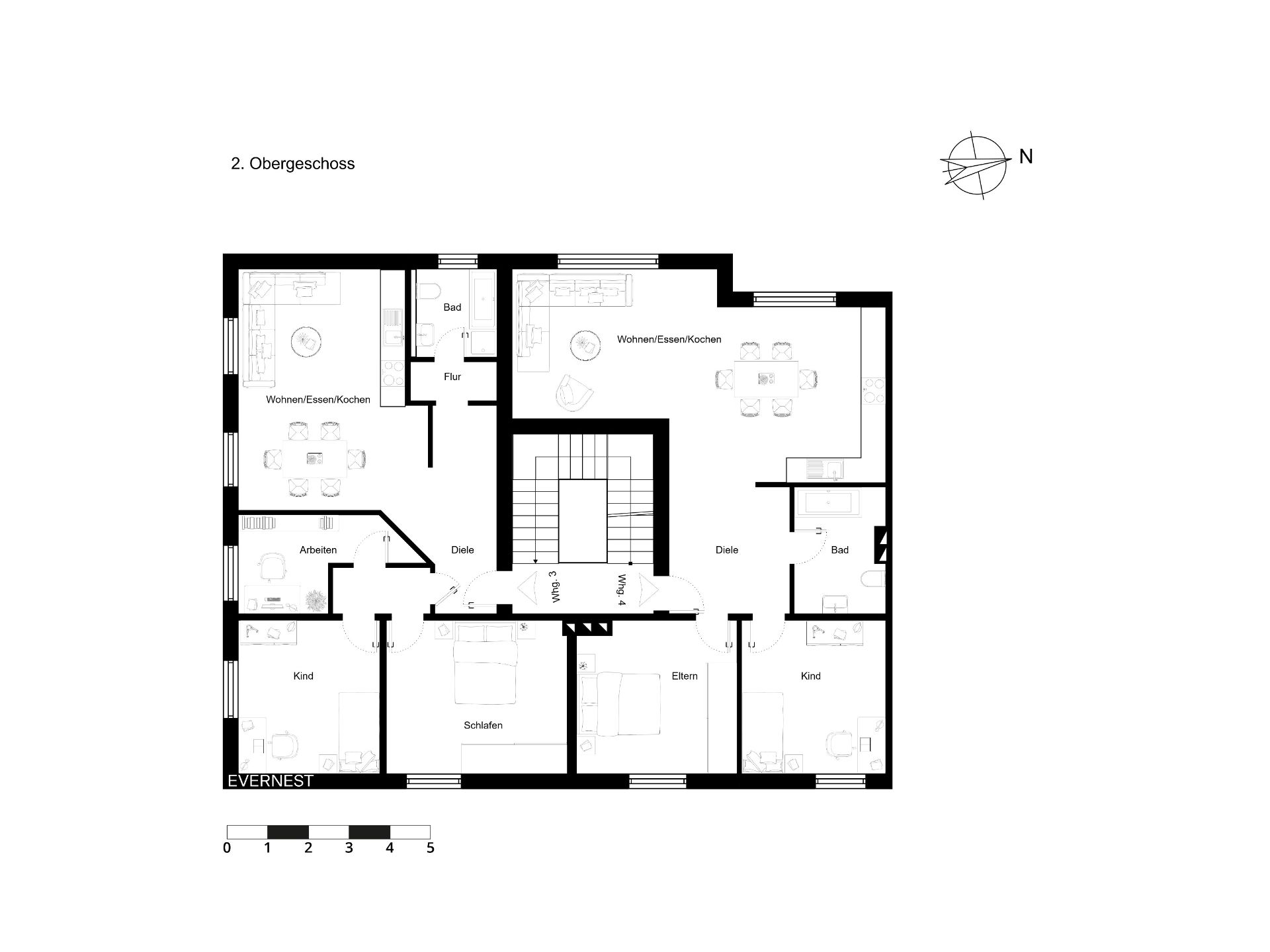 Grundriss einer Wohnung mit mehreren Zimmern, zwei Bädern und offenen Wohnbereichen.