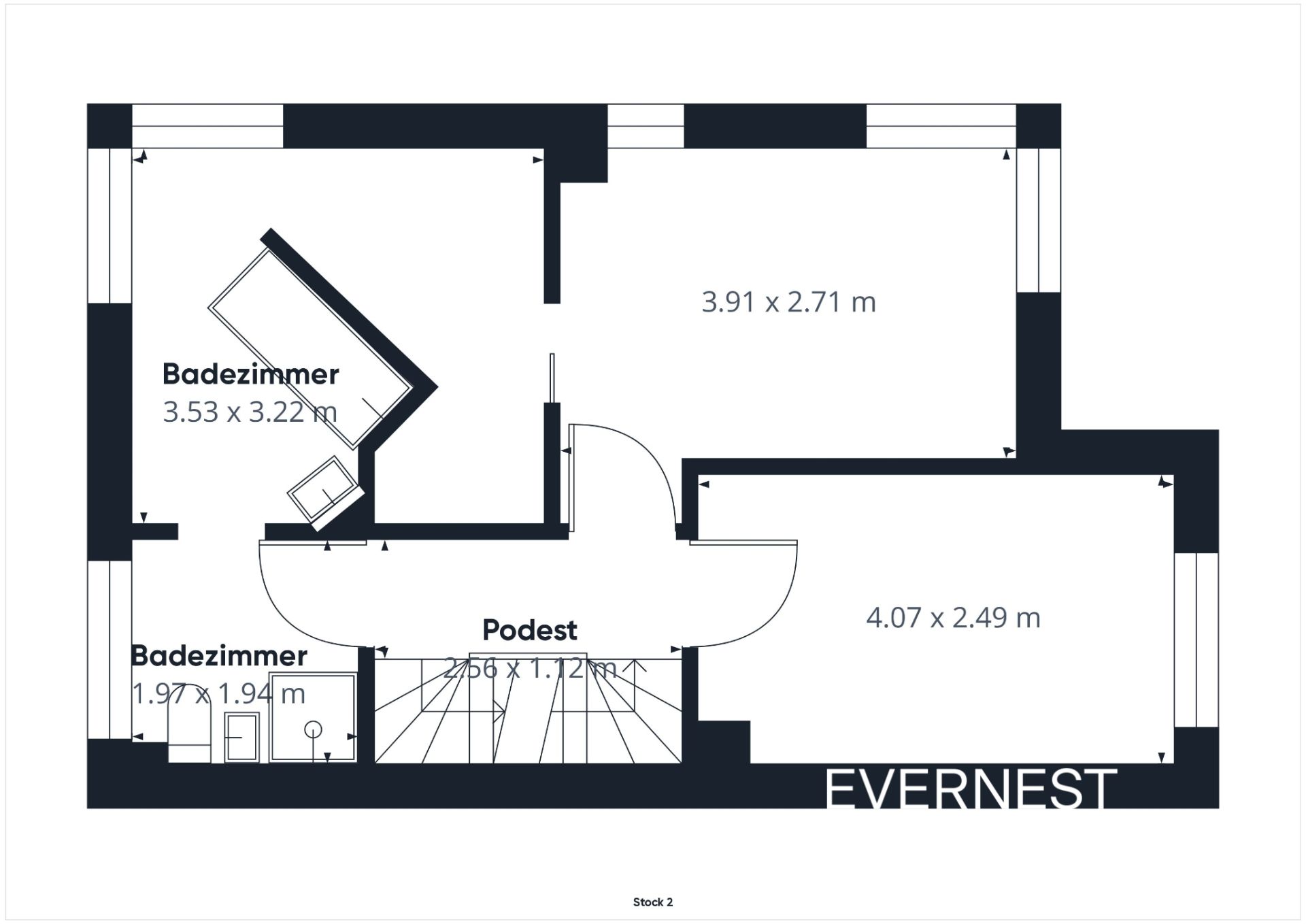 Grundriss einer Wohnetage mit zwei Badezimmern, Podest und zwei weiteren Zimmern.