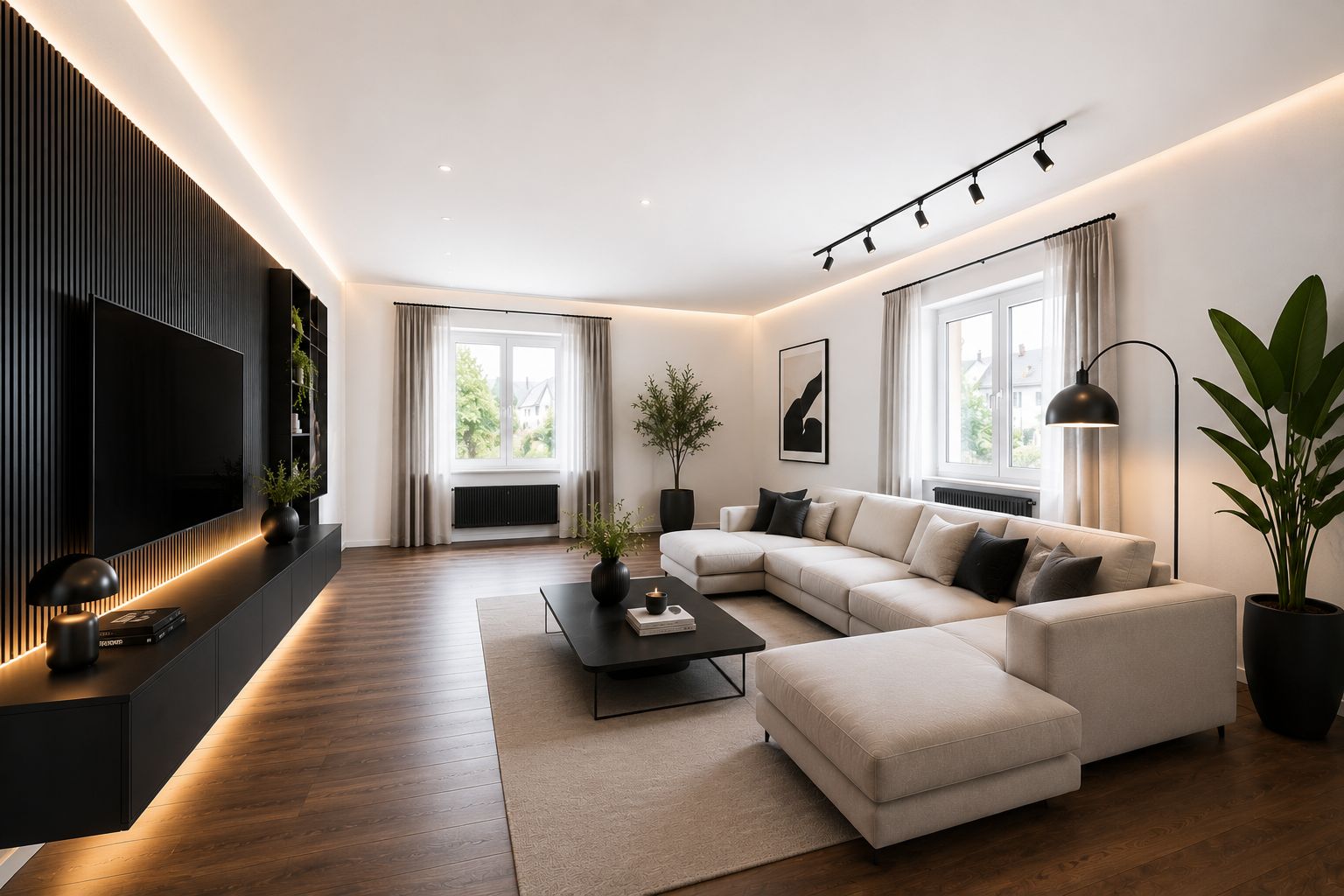 Modernes Wohnzimmer mit großem Ecksofa, Couchtisch, TV, Pflanzen und zwei Fenstern.
