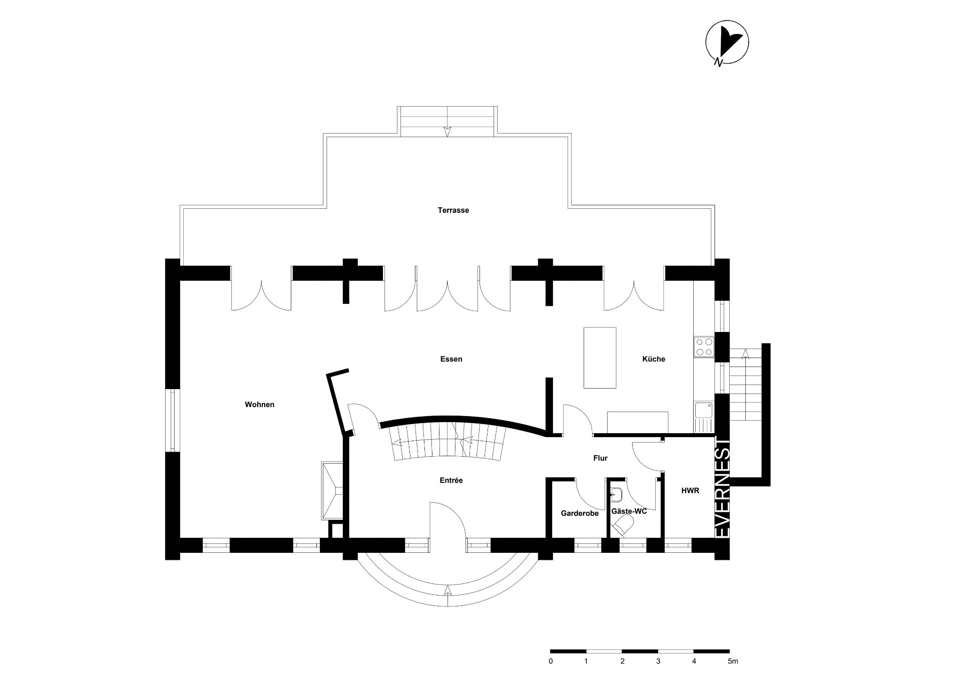 Grundriss eines Hauses mit Wohn-, Esszimmer, Küche, Terrasse und Flur.
