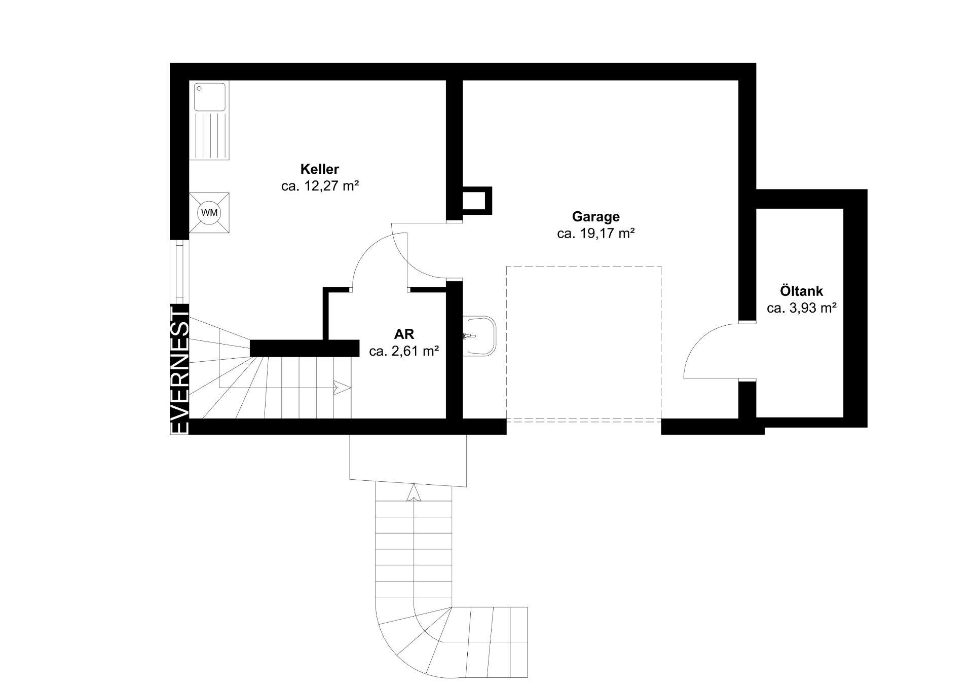 Grundriss eines Kellers mit Garage, Abstellraum, Heizöltank und Treppe.