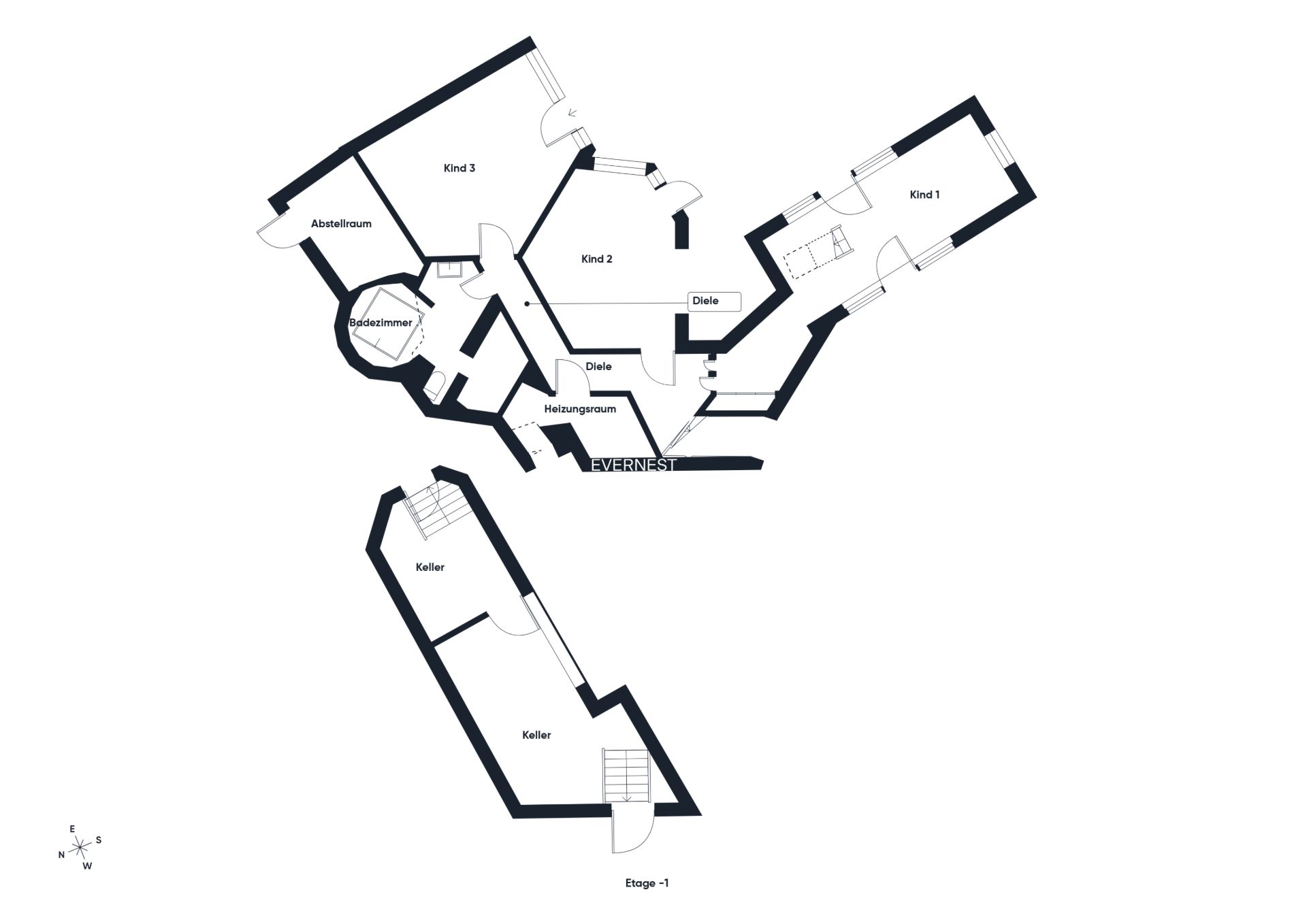 Grundriss mit drei Kinderzimmern, Abstellraum, Badezimmer, Heizungsraum und Keller.