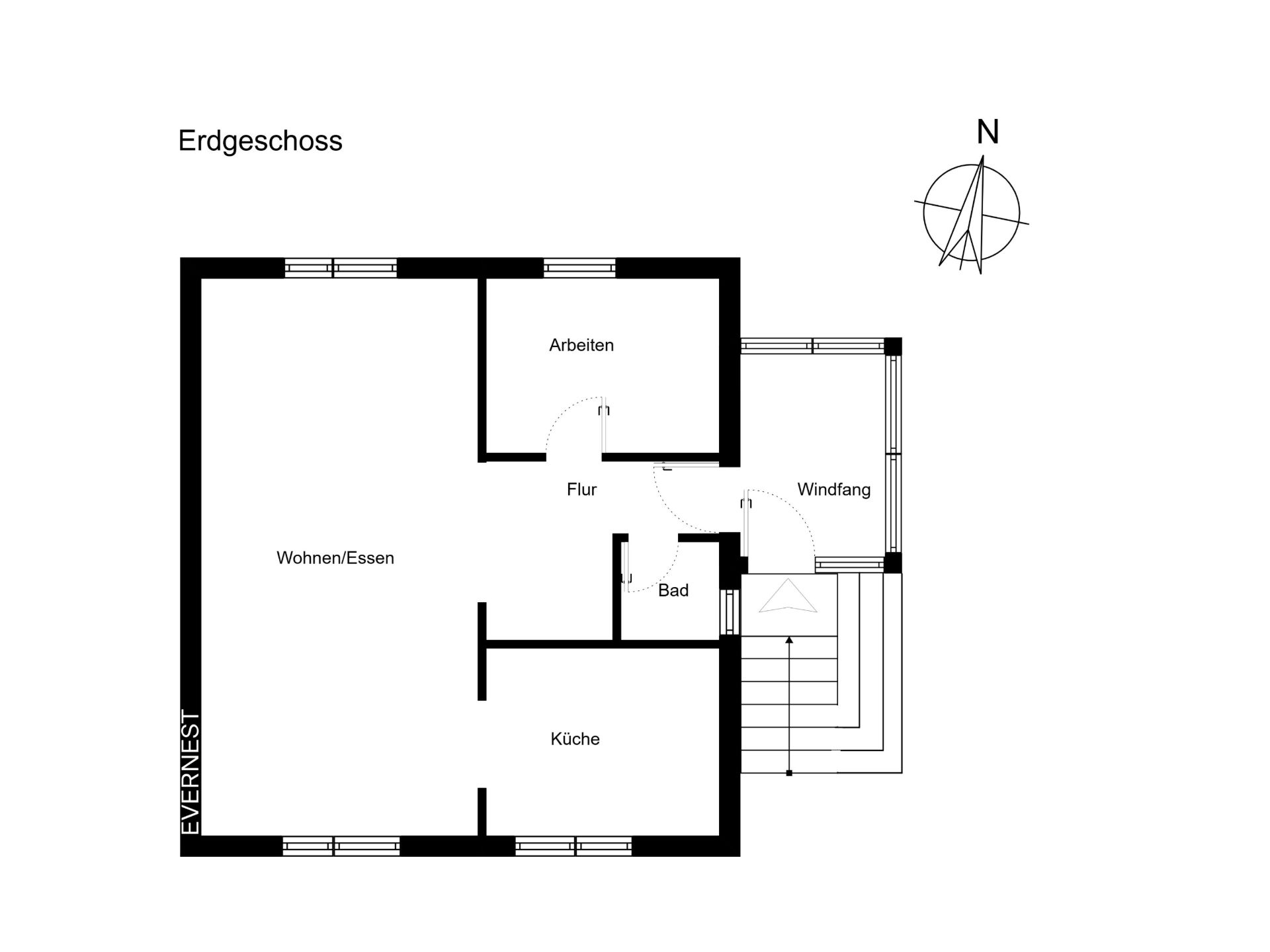 Grundriss des Erdgeschosses mit Wohn-/Essbereich, Küche, Bad, Flur, Arbeiten und Windfang.