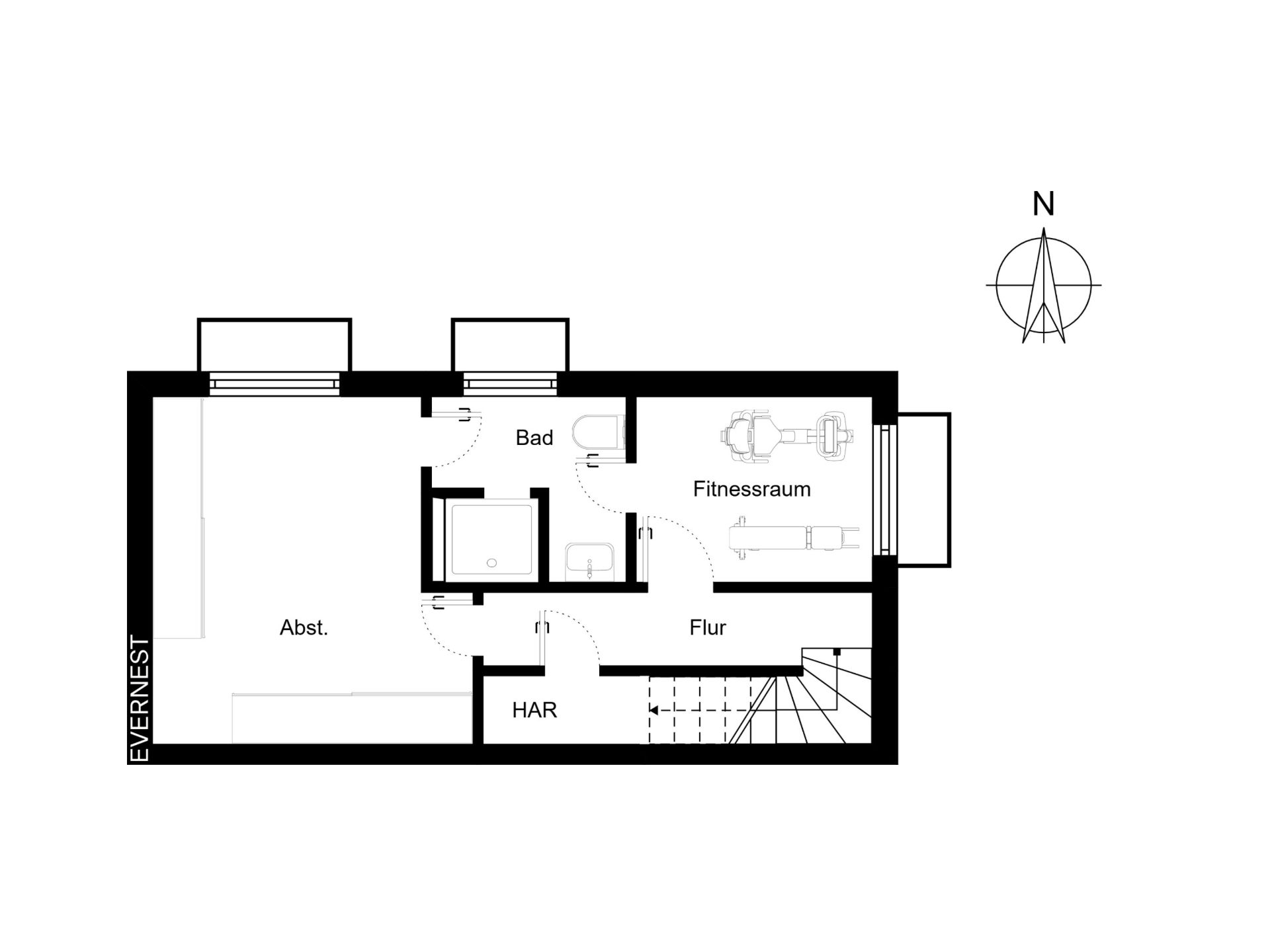 Grundriss mit Fitnessraum, Bad, Abstellraum, Hauswirtschaftsraum und Flur.