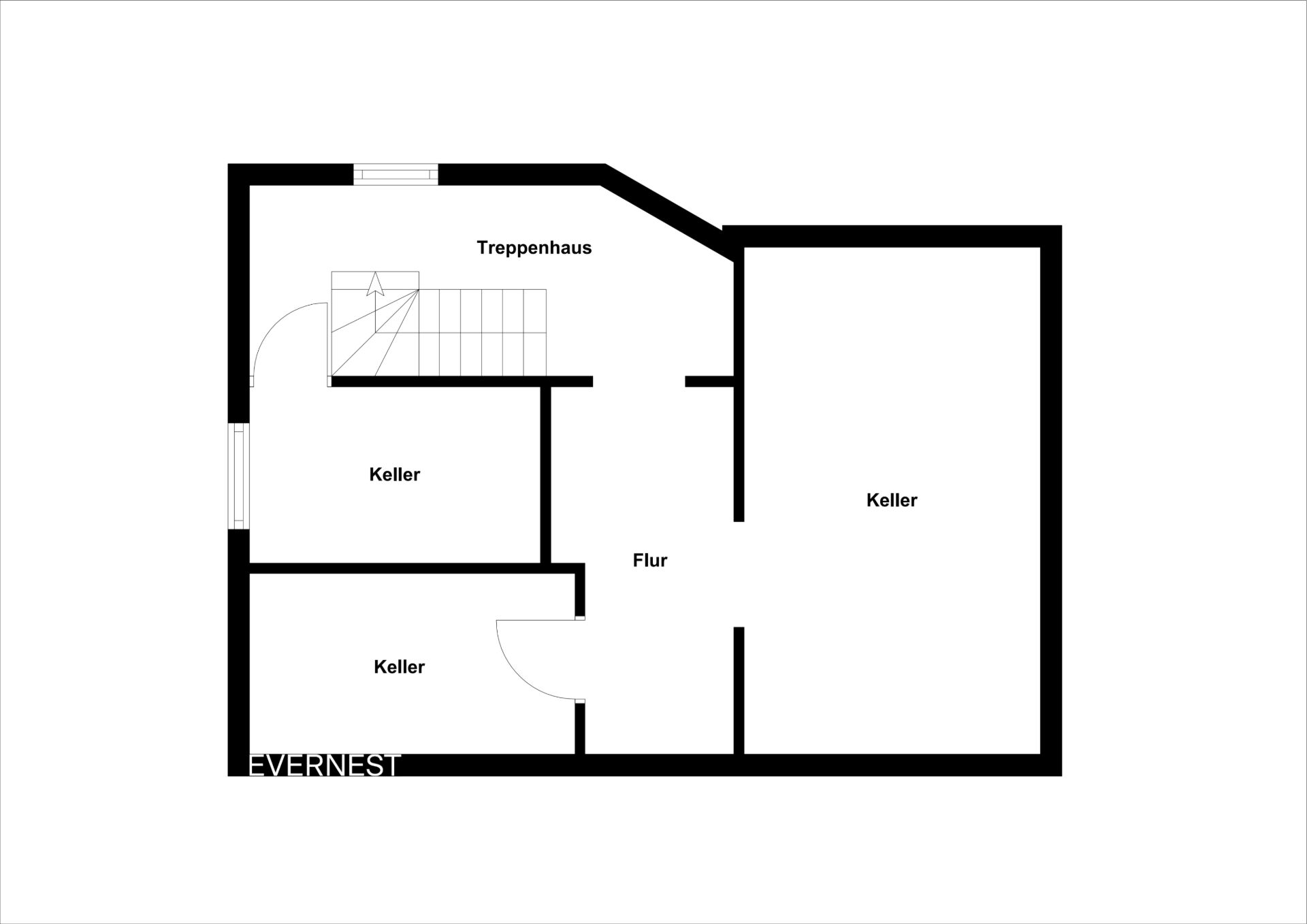 Grundriss eines Kellers mit drei Kellerräumen, Flur und Treppenhaus.