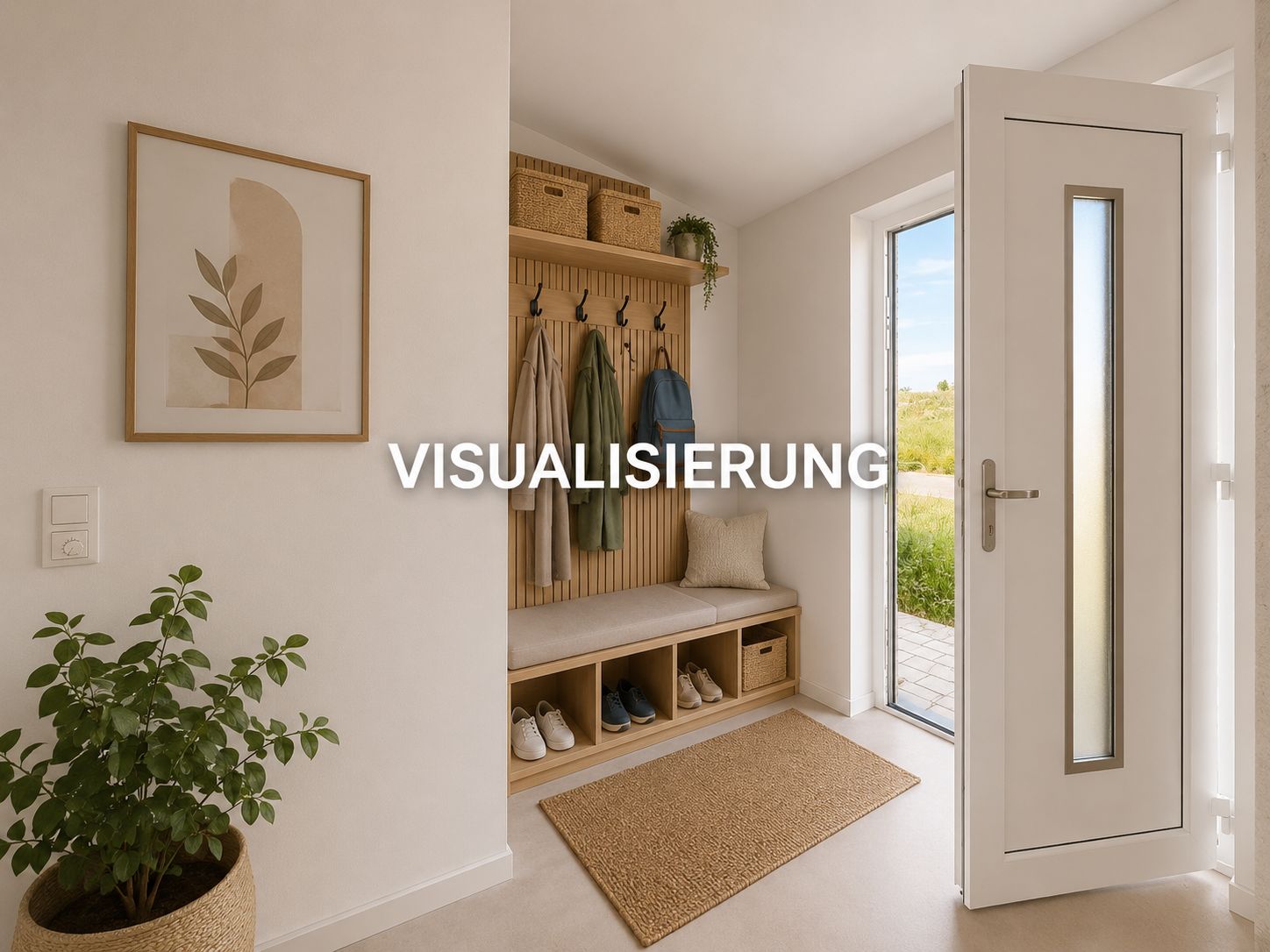 Heller Flur mit geöffneter Tür, Garderobe, Sitzbank, Pflanzen und Wandbild.