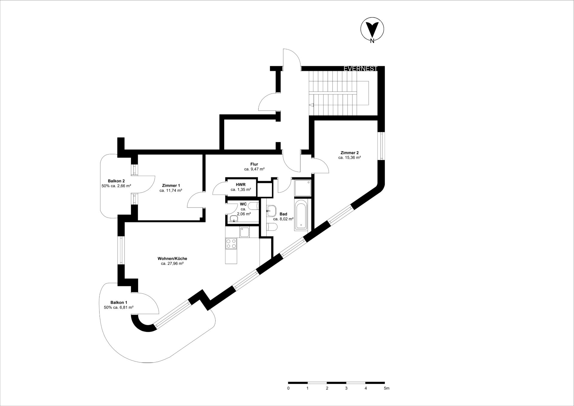 Grundriss einer Wohnung mit zwei Balkonen, zwei Zimmern, Bad, WC und Wohnküche.