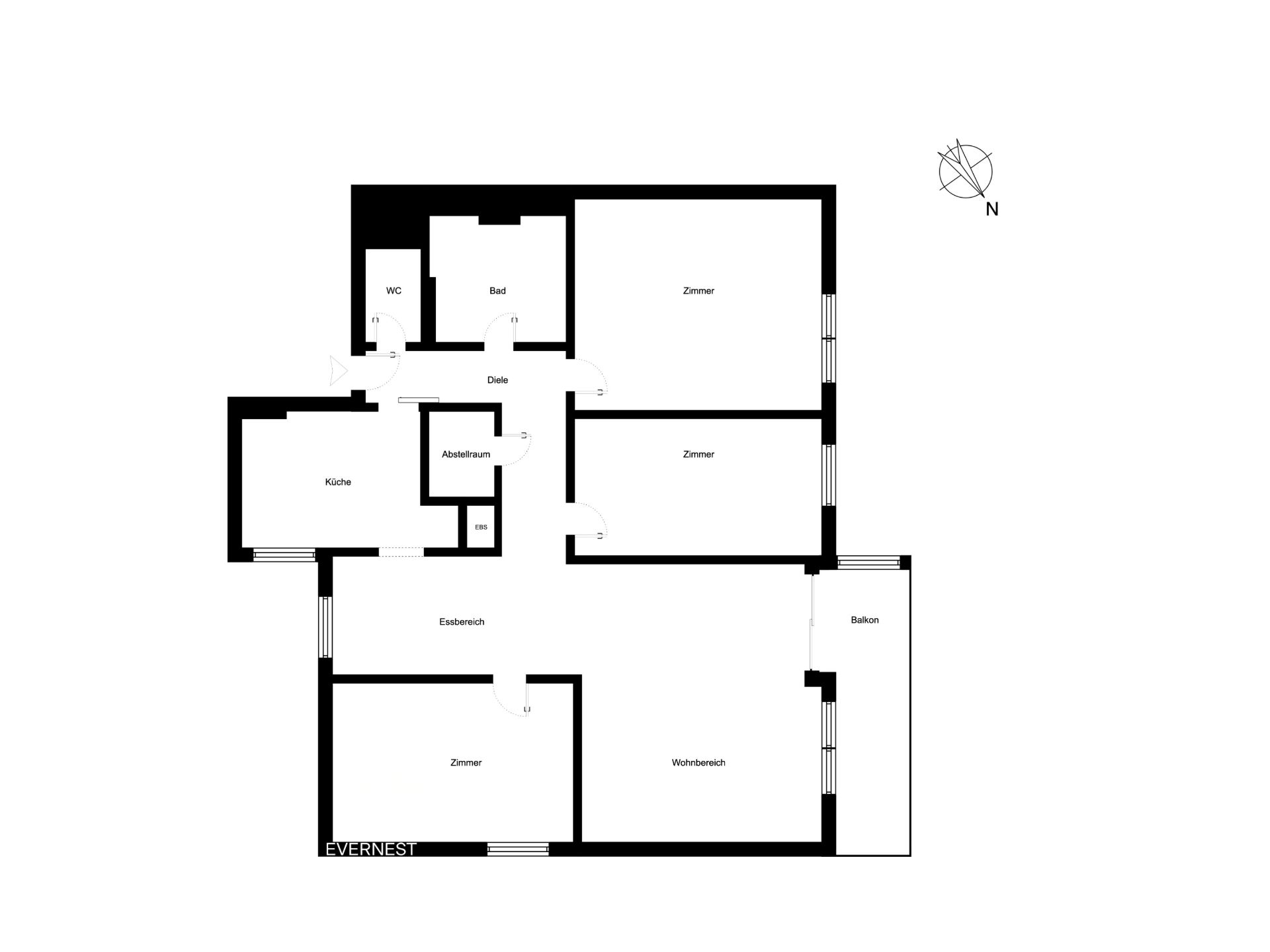 Grundriss einer Wohnung mit Küche, drei Zimmern, Bad, WC, Abstellraum, Wohnbereich und Balkon.