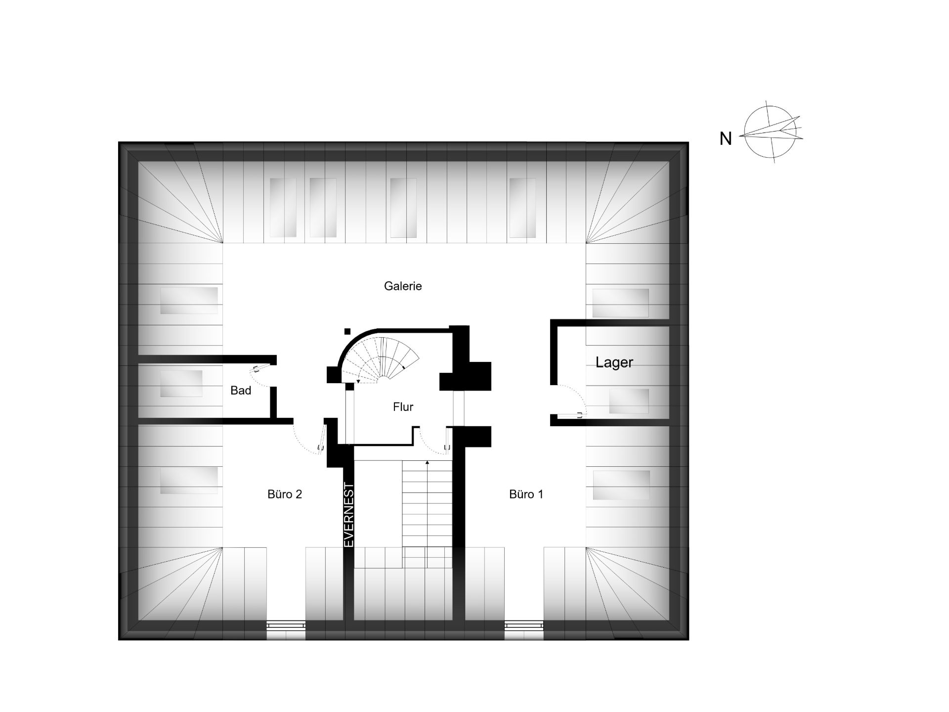 Grundriss mit Galerie, Flur, Bad, zwei Büros und Lagerraum.