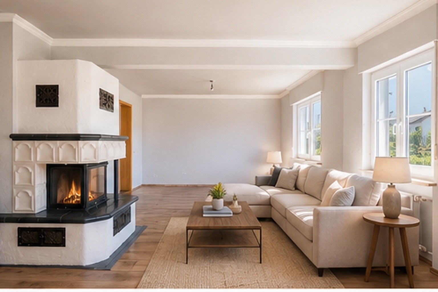 Helles Wohnzimmer mit Sofa, Kamin, Couchtisch und großen Fenstern.