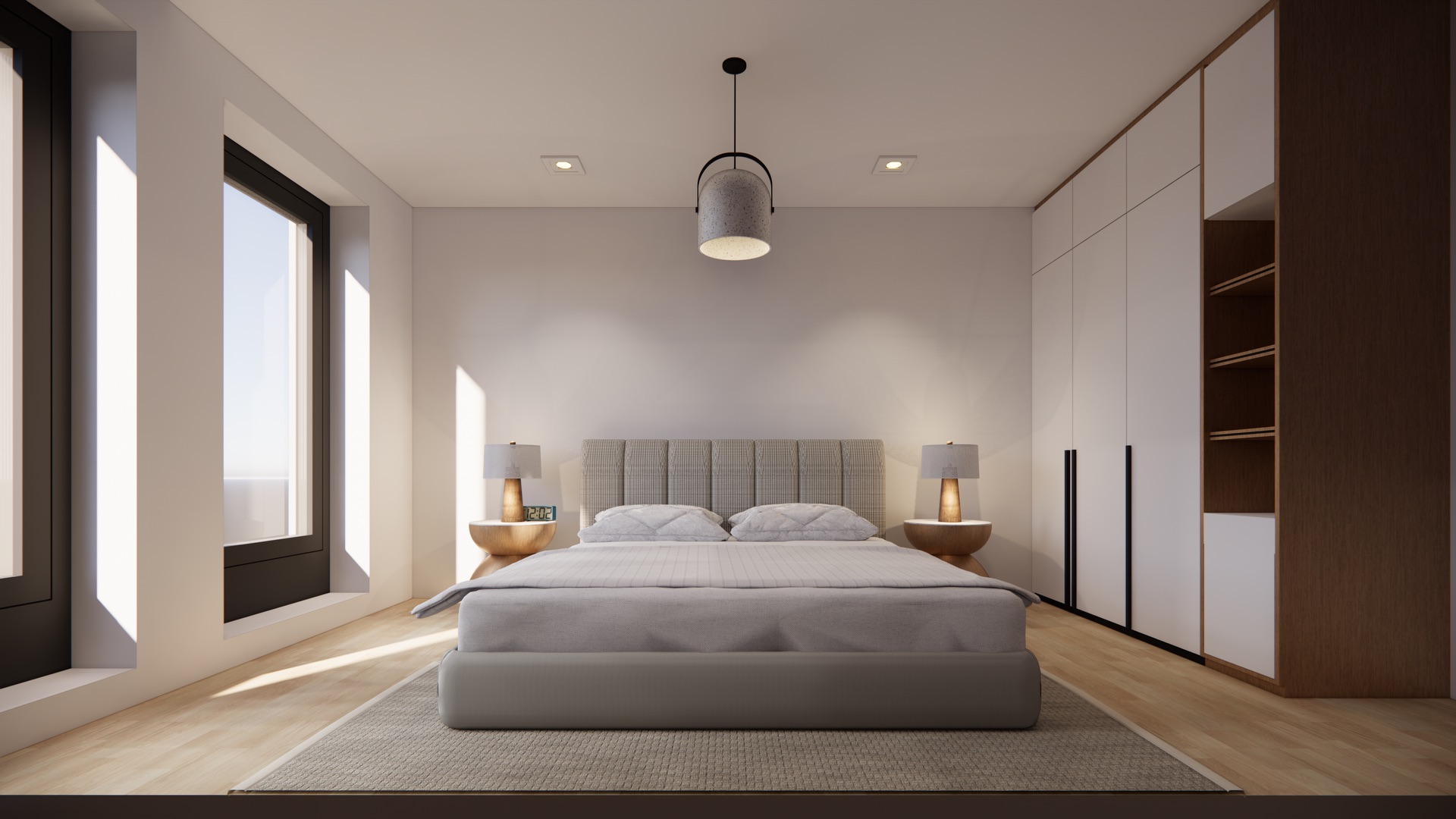 Modernes Schlafzimmer mit großem Bett, zwei Nachttischen und Einbauschrank.