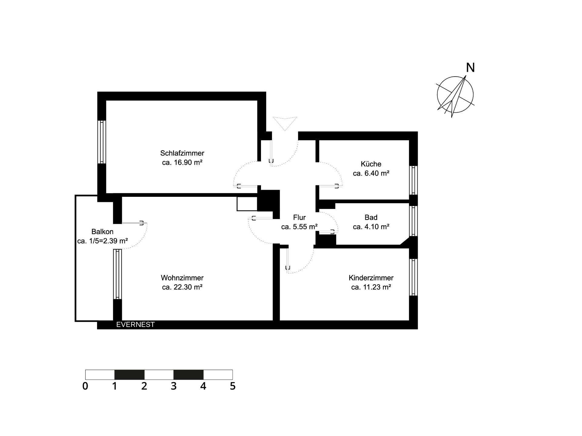 Grundriss einer Wohnung mit Schlafzimmer, Wohnzimmer, Kinderzimmer, Bad, Küche, Flur und Balkon.