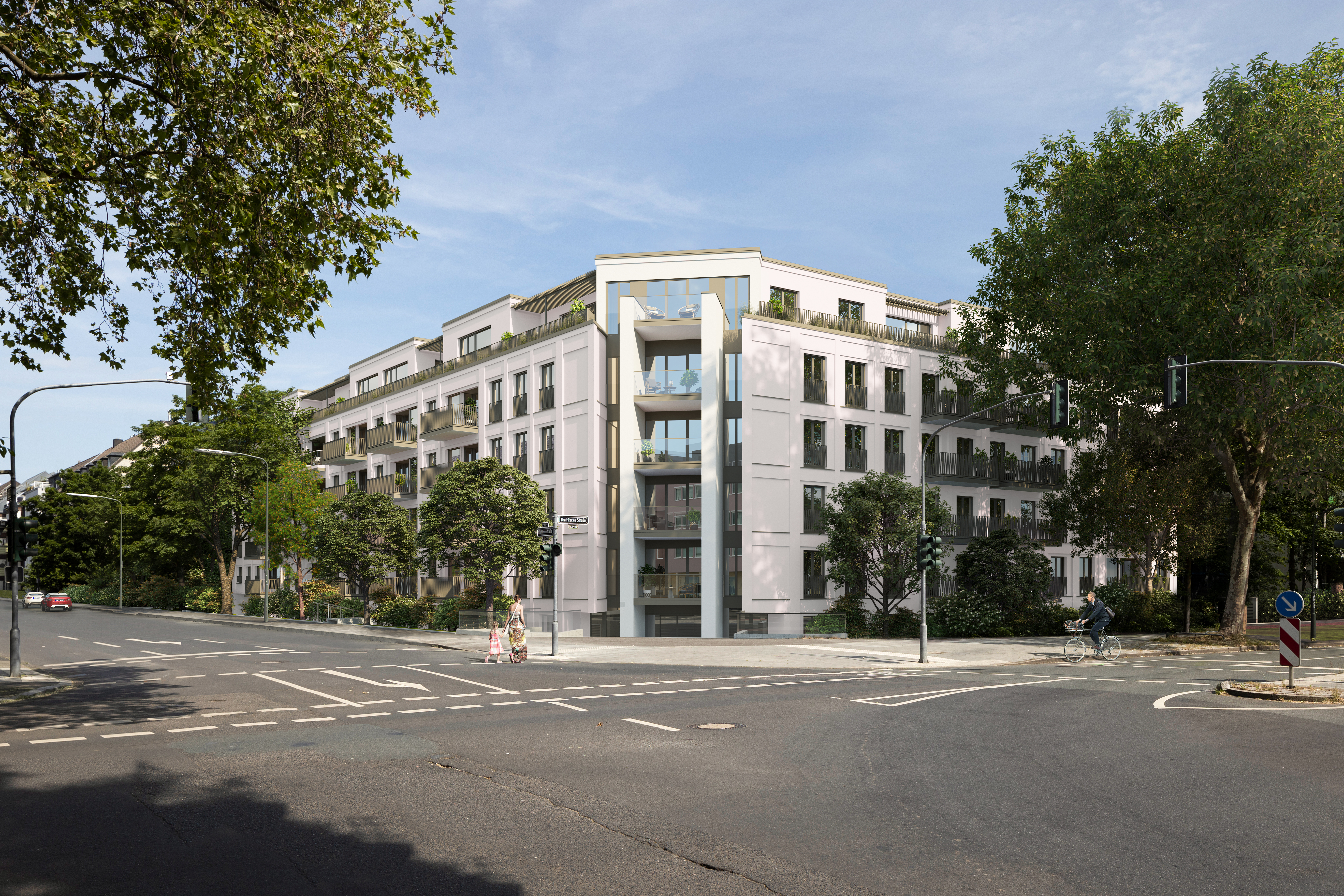 Modernes Wohngebäude mit Balkonen an einer Straßenecke, umgeben von Bäumen.