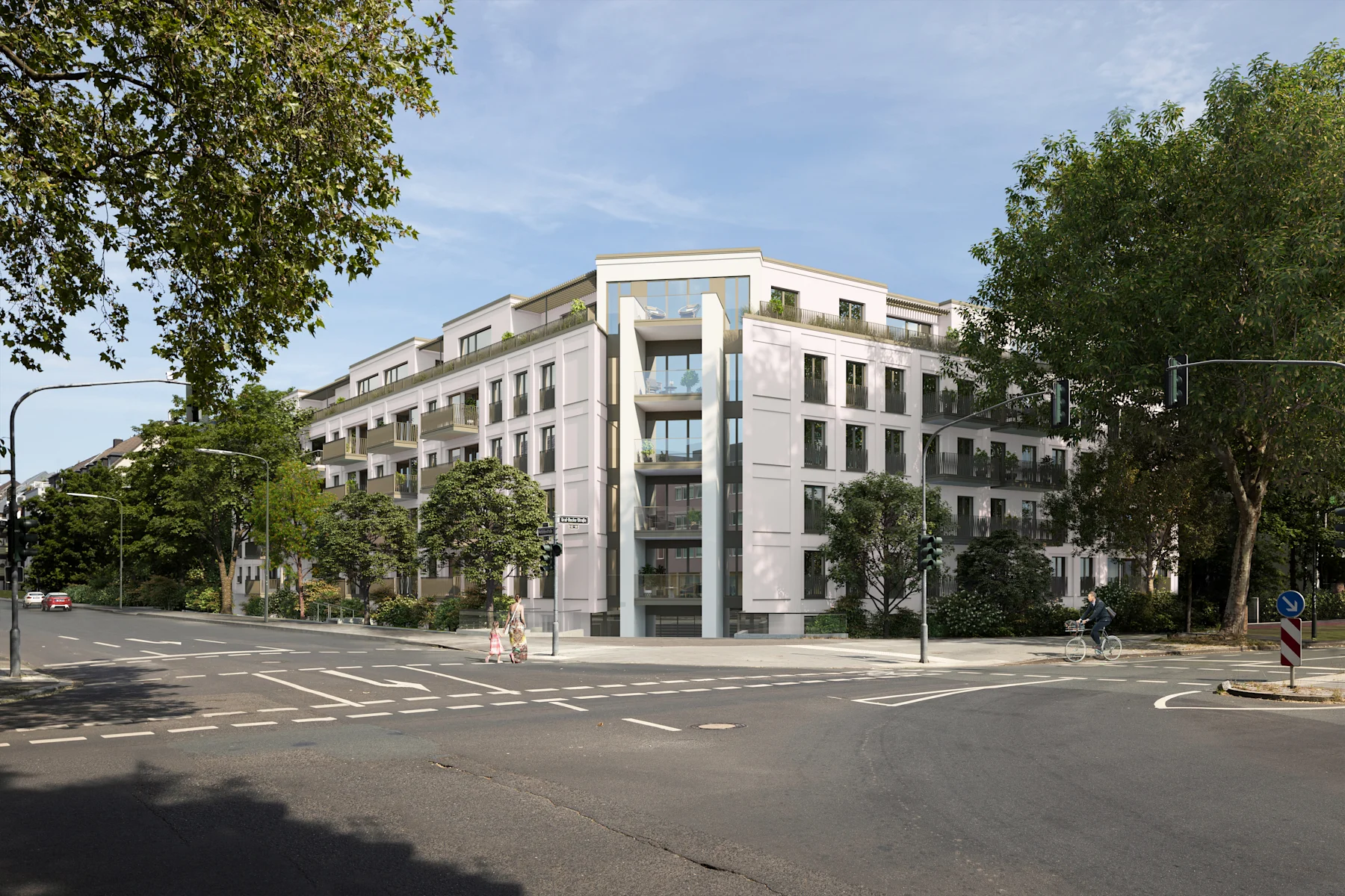 Modernes Wohngebäude mit Balkonen an einer Straßenecke, umgeben von Bäumen.