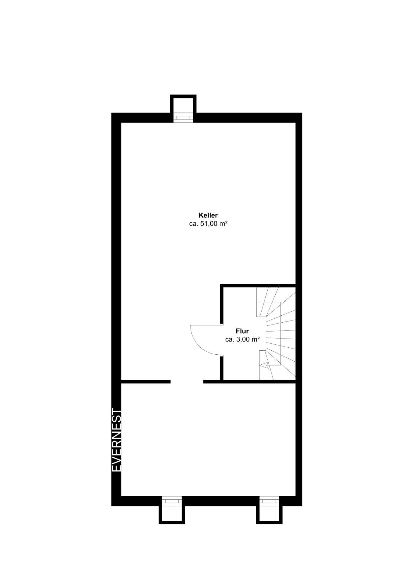 Grundriss eines Kellers mit Flur und Treppe, Flur ca. 3 m², Keller ca. 51 m².