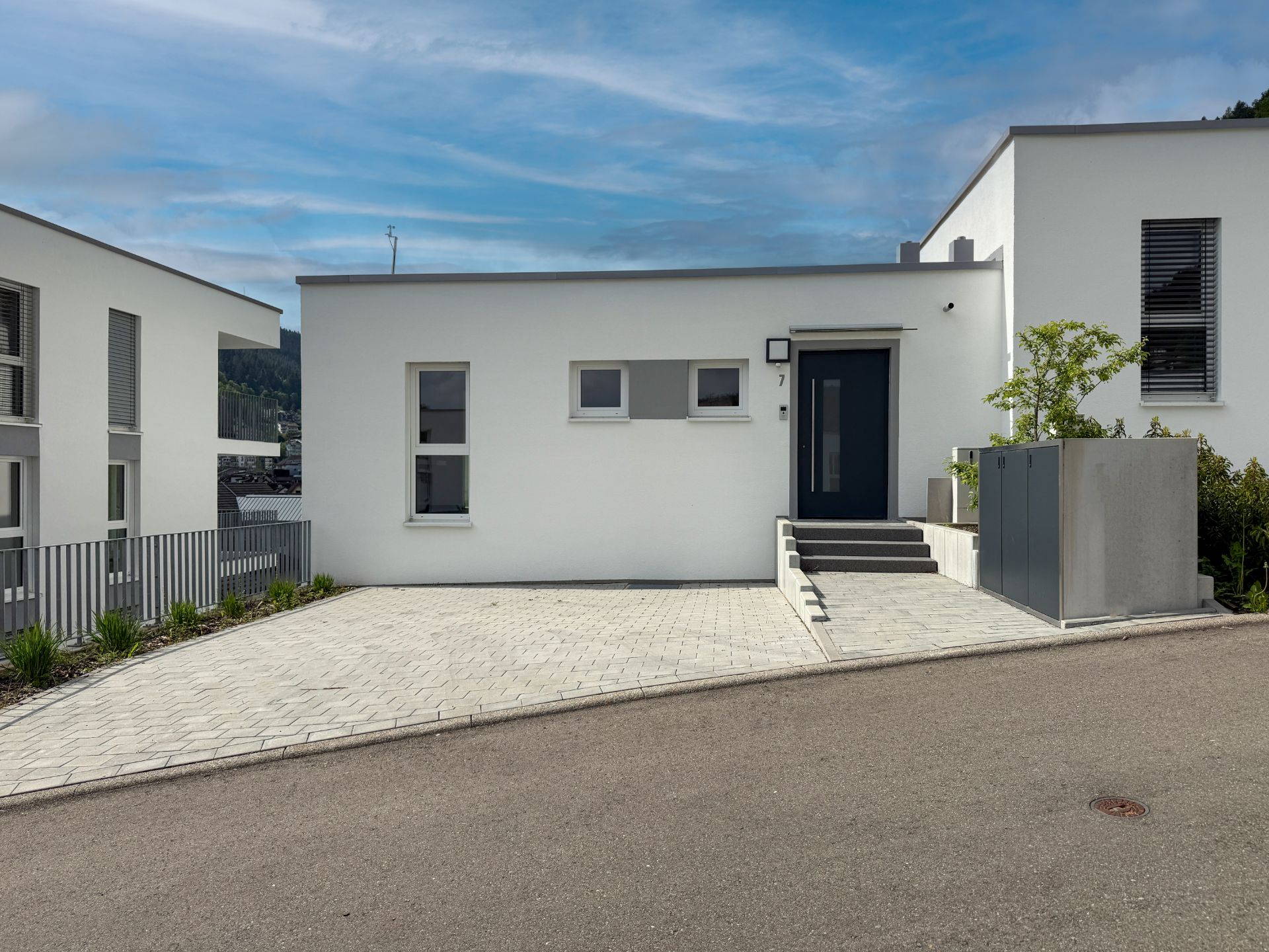 Modernes weißes Wohnhaus mit dunkler Haustür, drei Fenstern und gepflasterter Einfahrt.