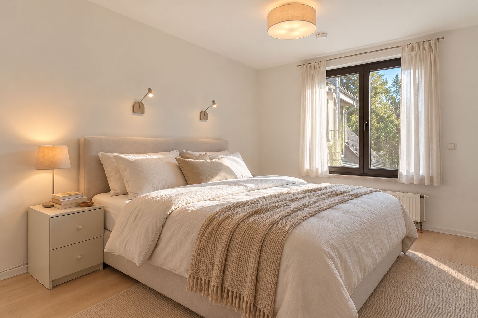 Helles Schlafzimmer mit Doppelbett, Nachttisch, Lampe und Fenster mit weißen Vorhängen.