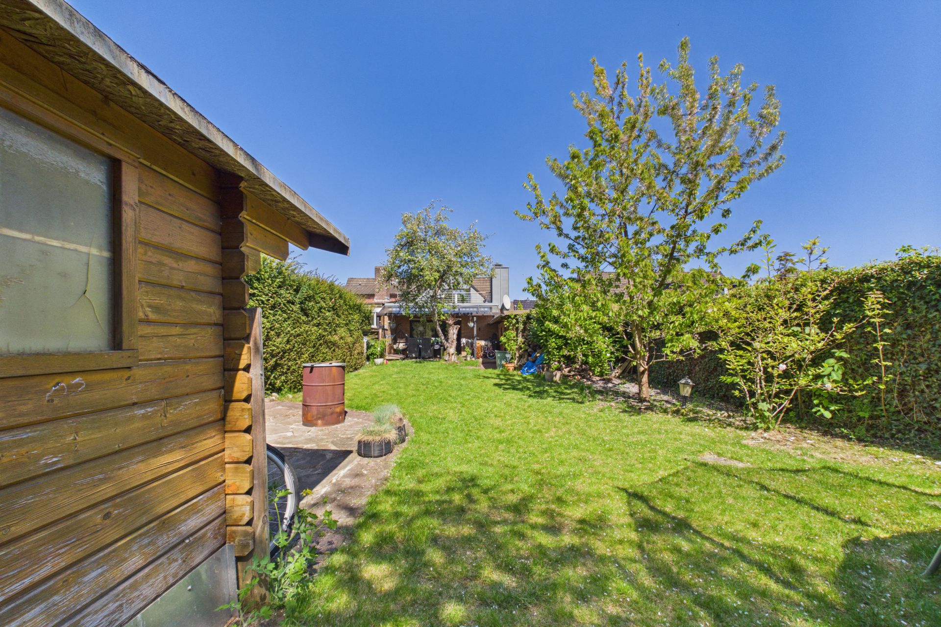 Grüner Garten mit Bäumen, Rasenfläche und einem Holzschuppen links.