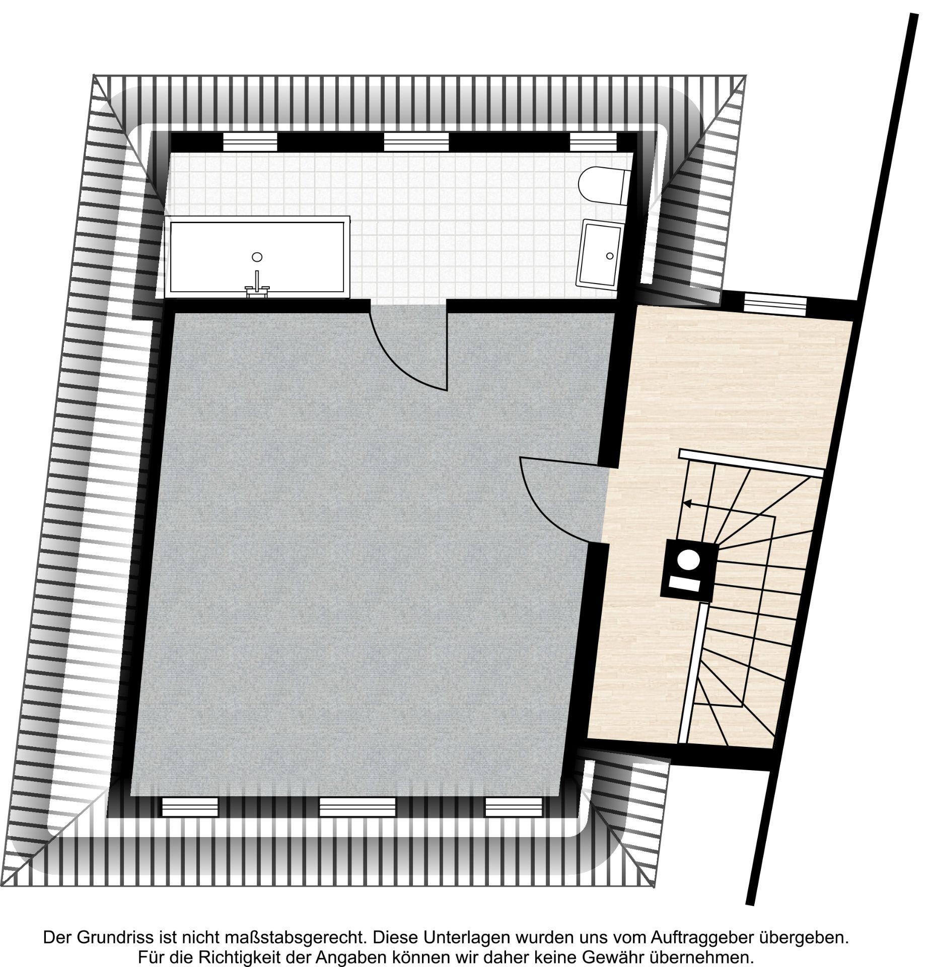 Grundriss mit großem Raum, Bad mit Wanne und Toilette sowie Treppenhaus.