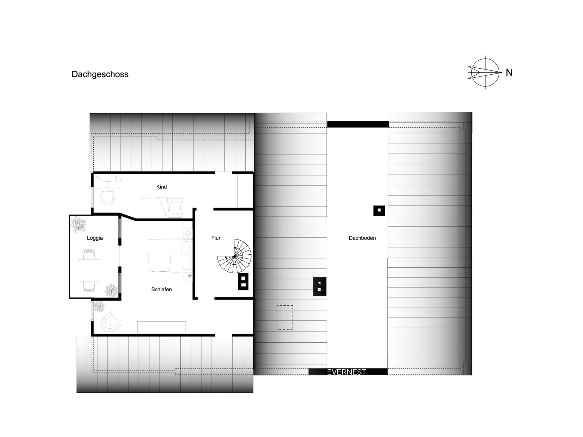 Grundriss eines Dachgeschosses mit Kinderzimmer, Schlafzimmer, Loggia, Flur und Dachboden.